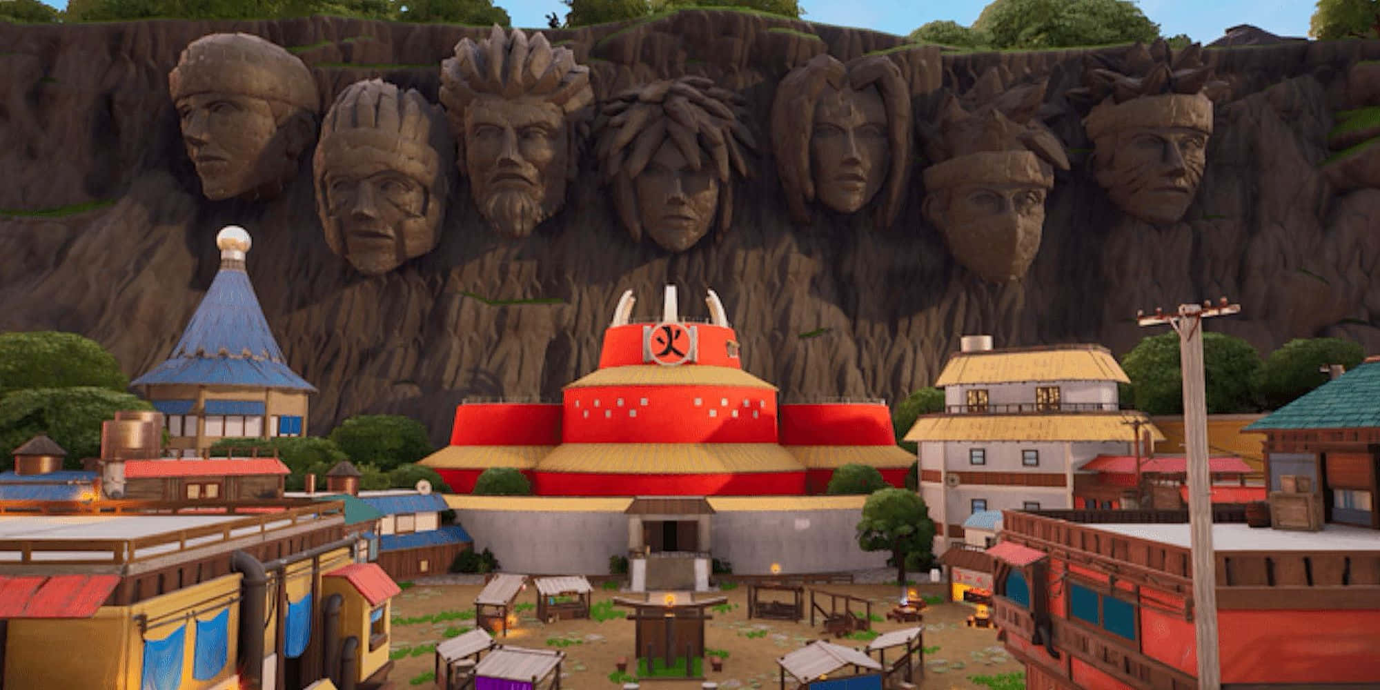 Naruto Village, red temple, giant carved faces on cliffside, Full HD Desktop Wallpaper