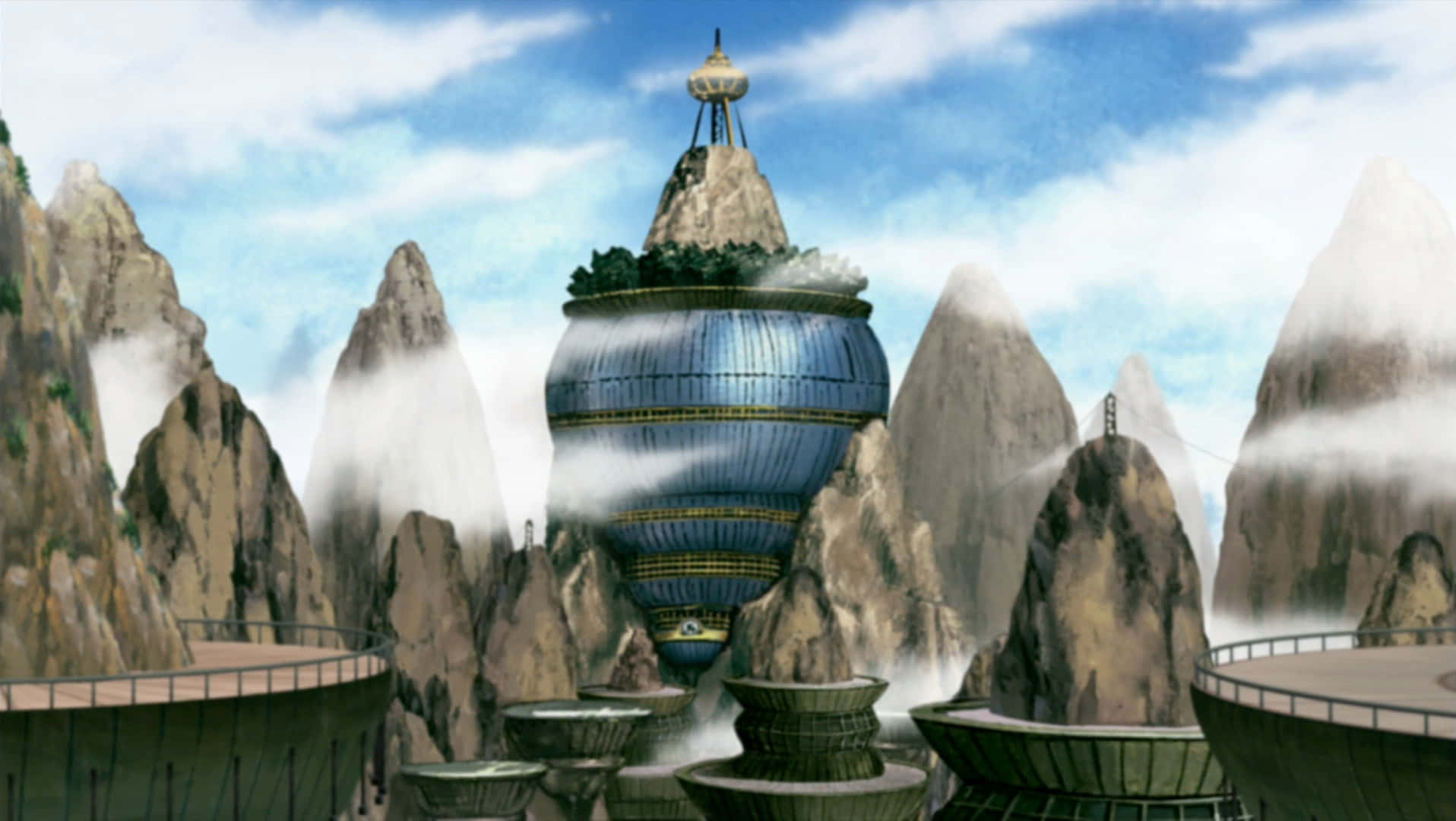 Naruto Village, Sunset, blue and gold cylindrical tower, HD Desktop Wallpaper