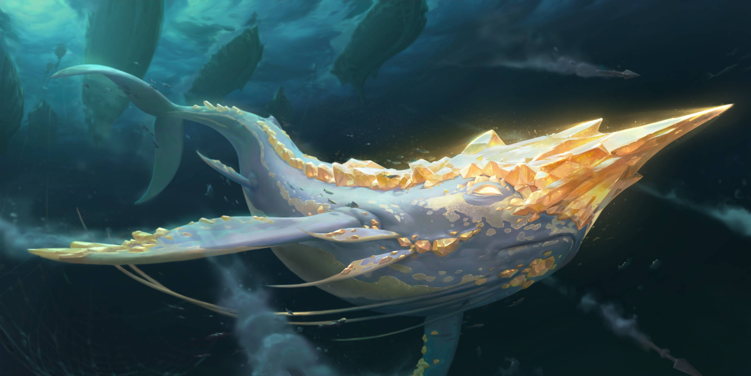 Golden Narwhal, glowing whale, golden crystalline ridges, 2K Desktop Wallpaper