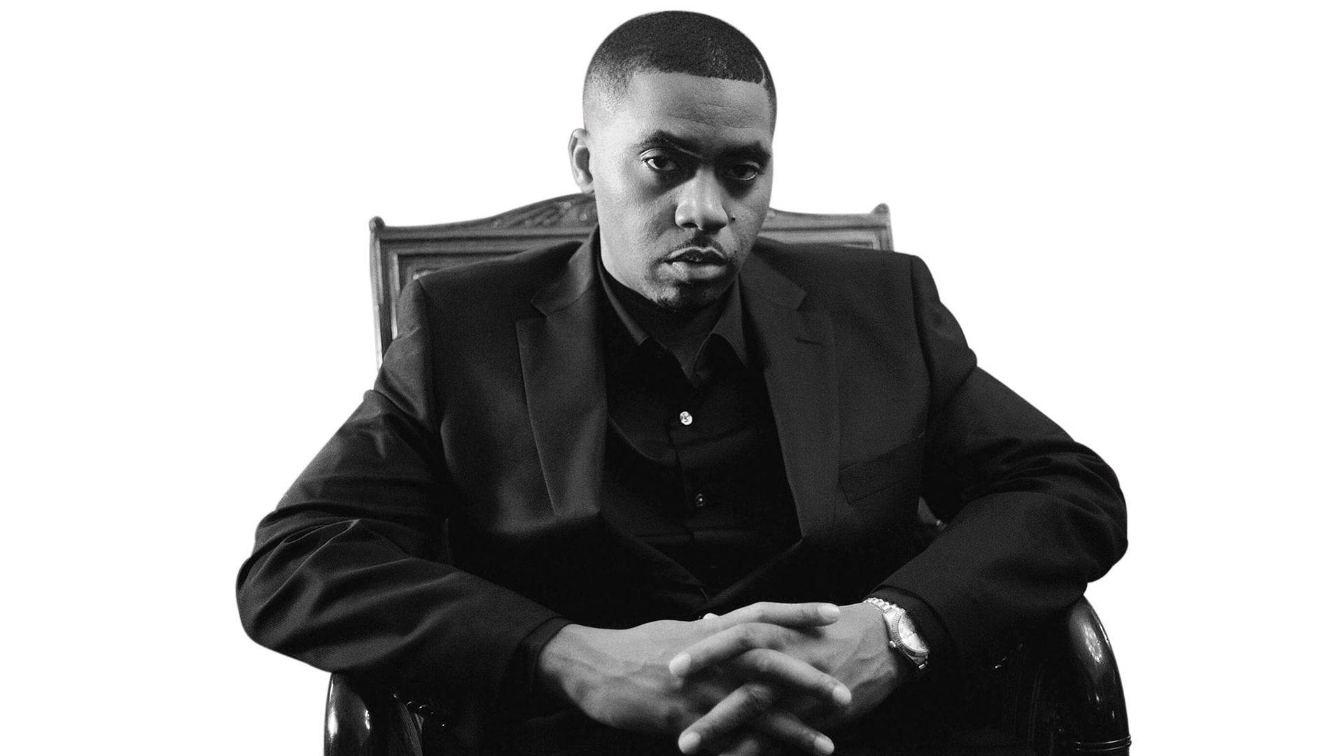 Nas, black suit, wooden chair, Full HD Desktop Wallpaper