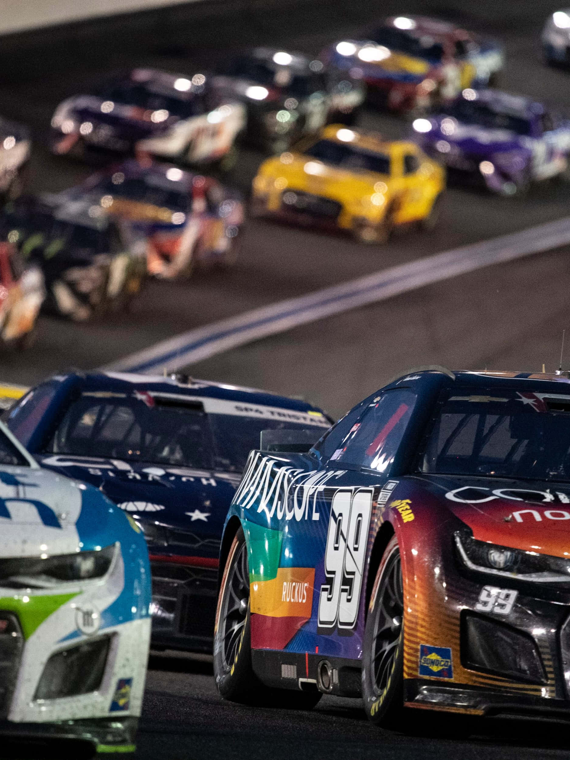 NASCAR, nighttime, brightly colored cars, Full HD Phone Wallpaper