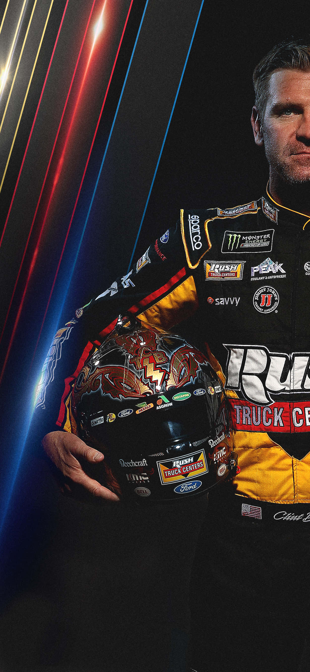 Nascar, black and yellow uniform, decorated helmet, 2K Phone Wallpaper