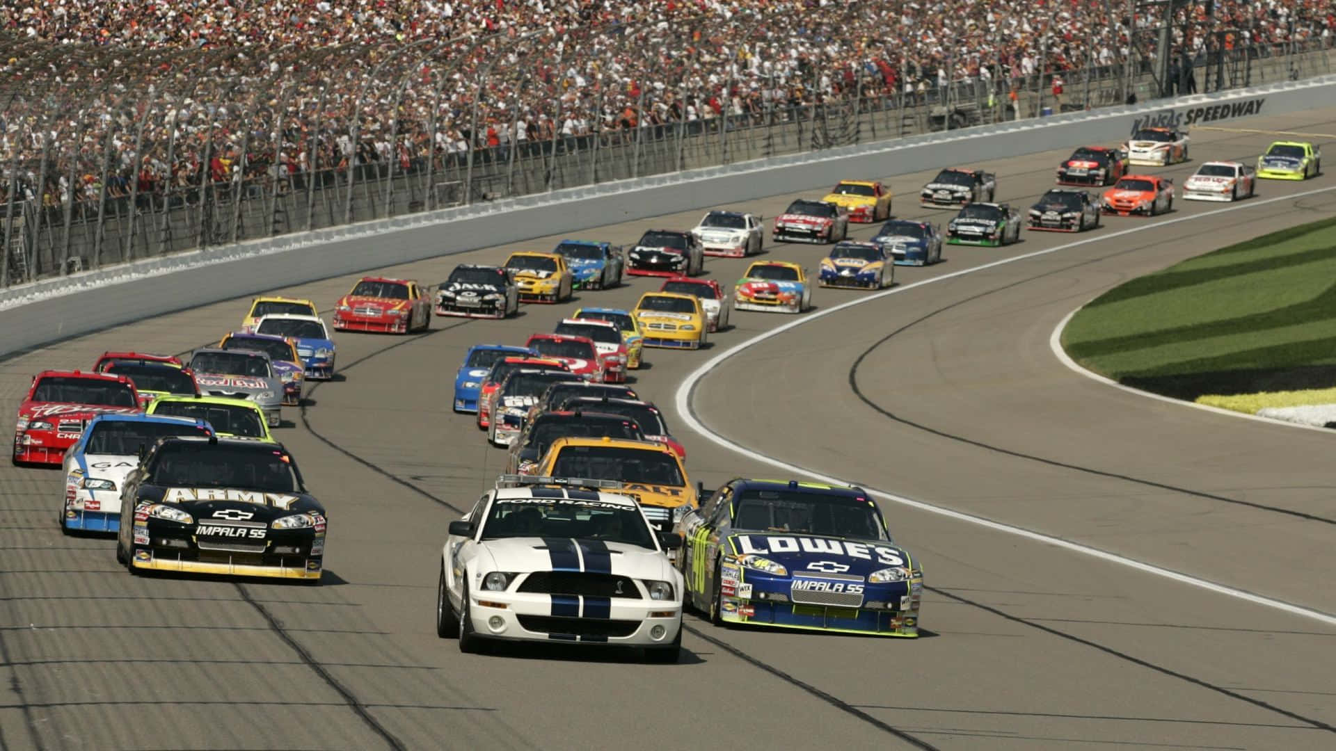 NASCAR, race cars, sunlit asphalt turn, Full HD Desktop Wallpaper