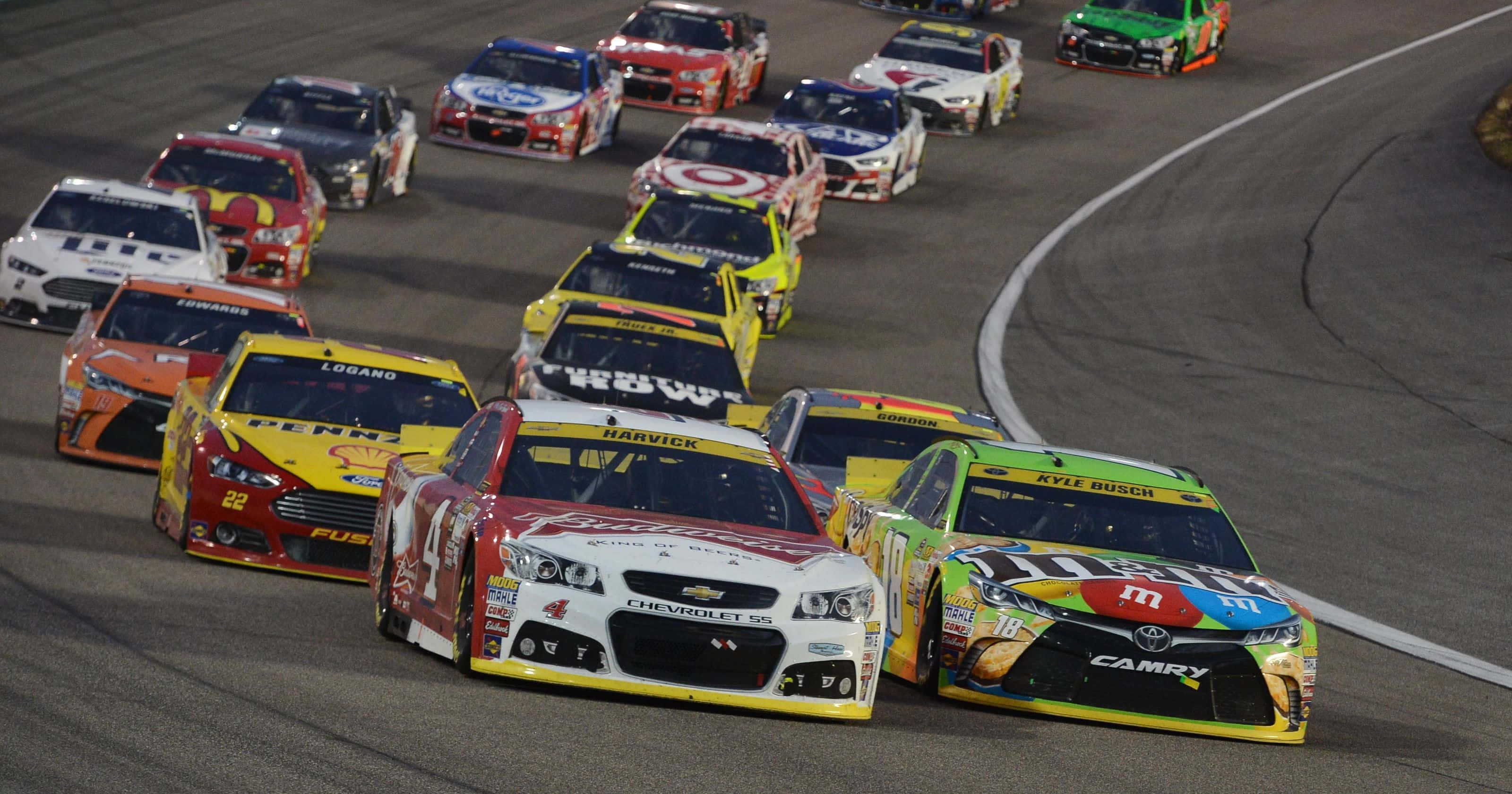 NASCAR, nighttime asphalt turn, stadium lights, 2K Desktop Wallpaper