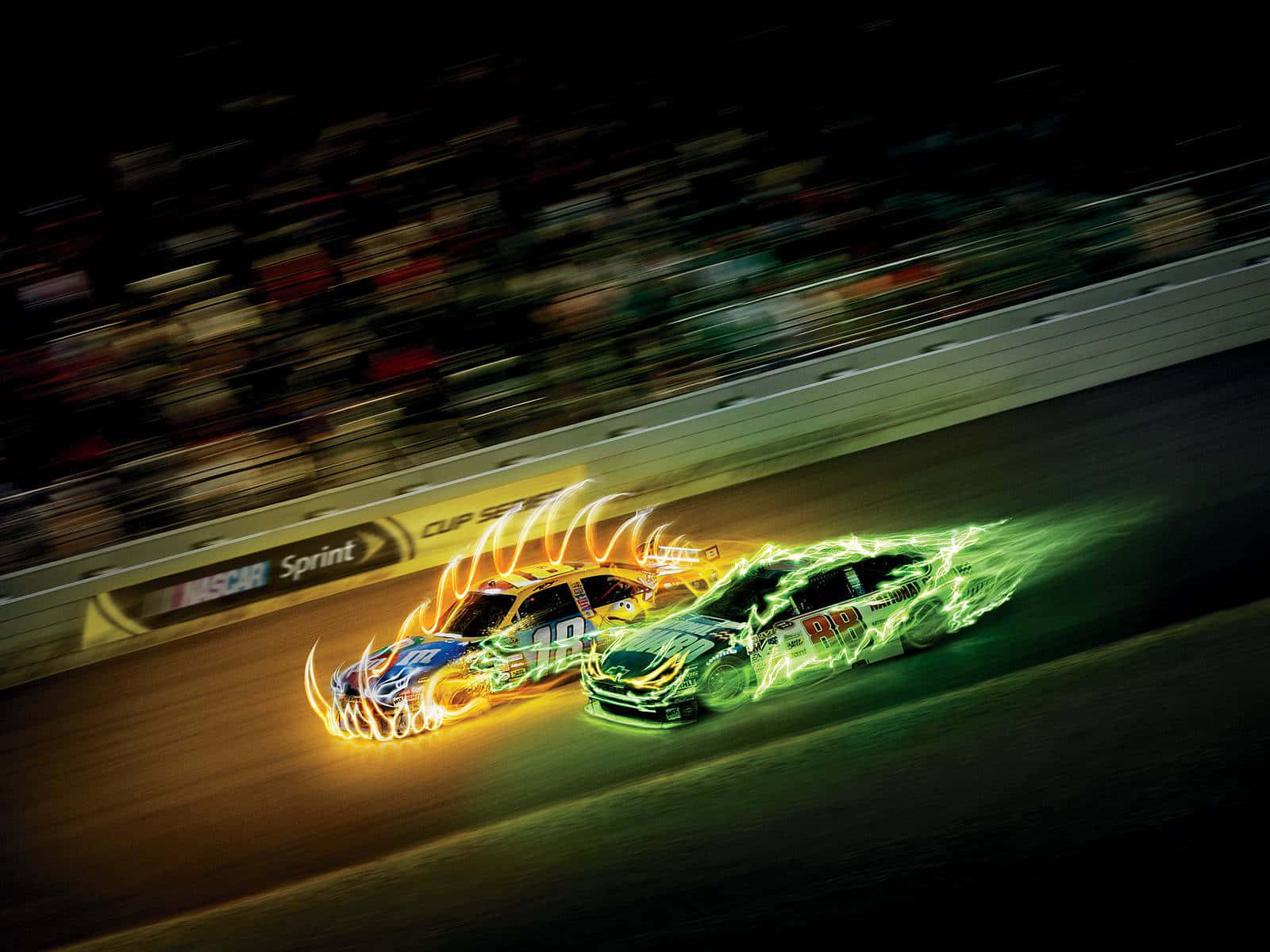 NASCAR, flaming cars, glowing orange and green flame trails, HD Desktop Wallpaper