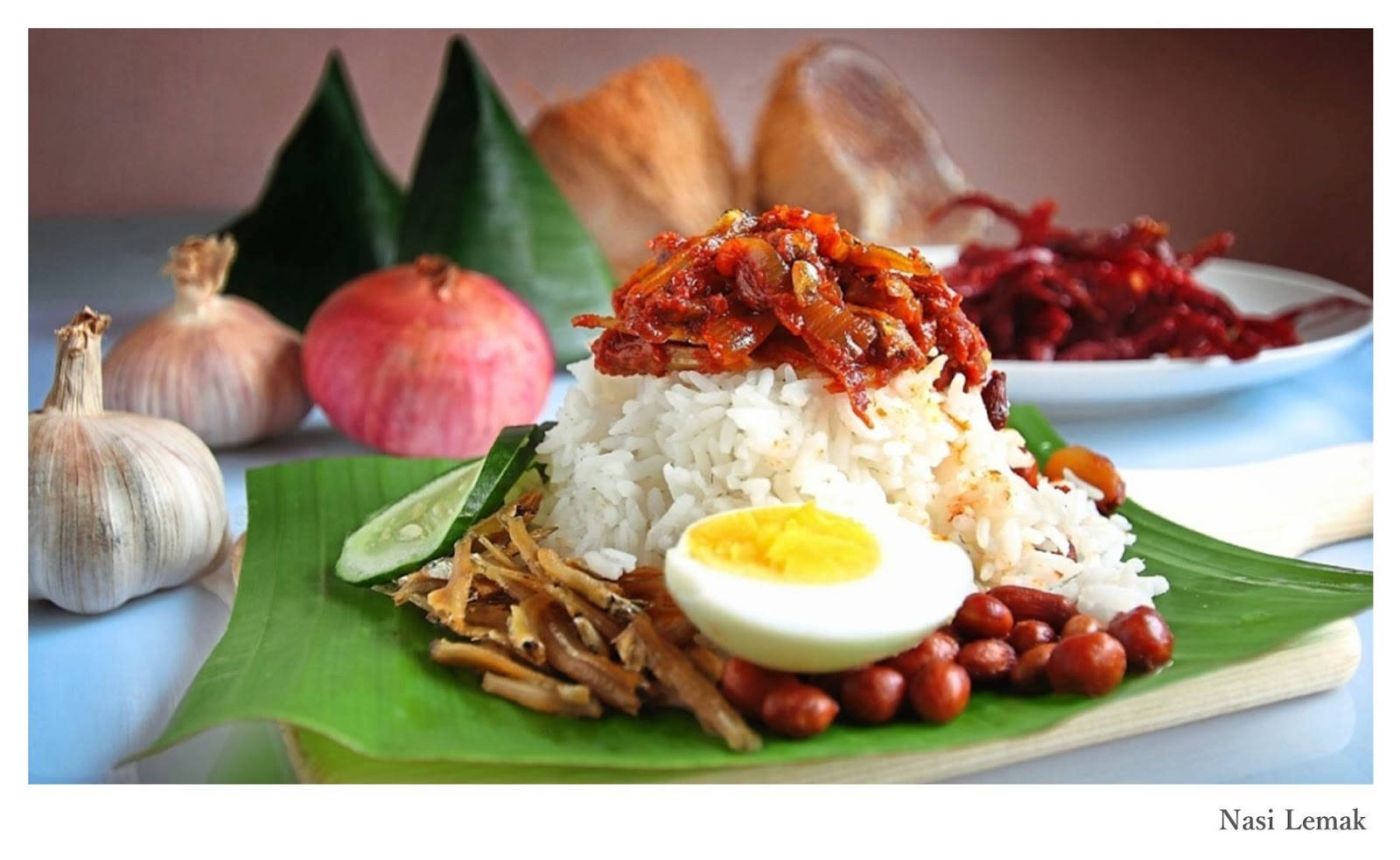 nasi lemak, banana leaf, rice peanuts, HD Desktop Wallpaper