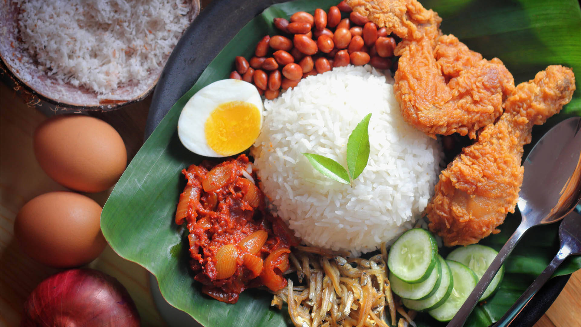 nasi lemak, banana leaf, fried chicken, Full HD Desktop Wallpaper