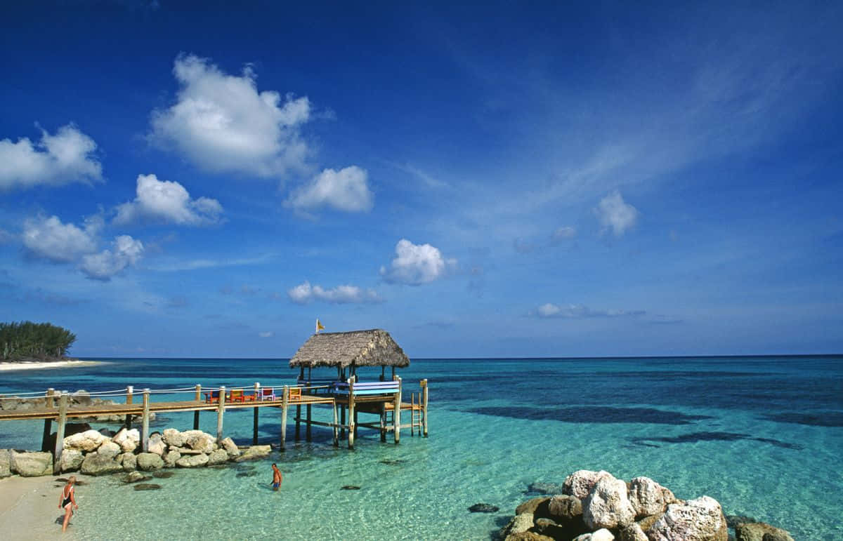 Bahamas, wooden pier, thatched roof, SD Desktop Wallpaper