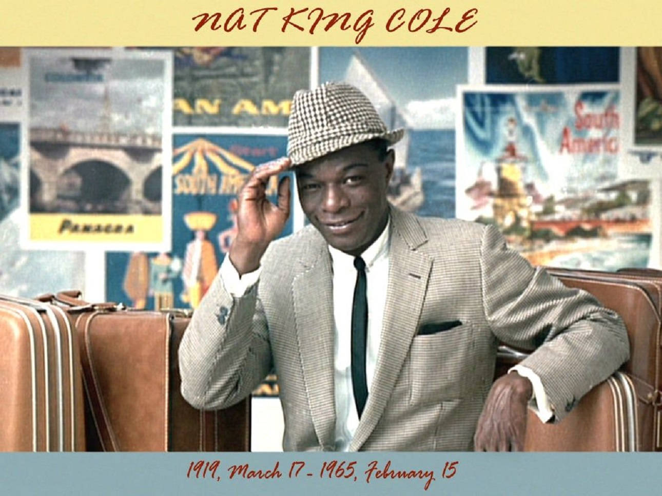 Nat King Cole, checkered hat, vintage suitcases, HD Desktop Wallpaper