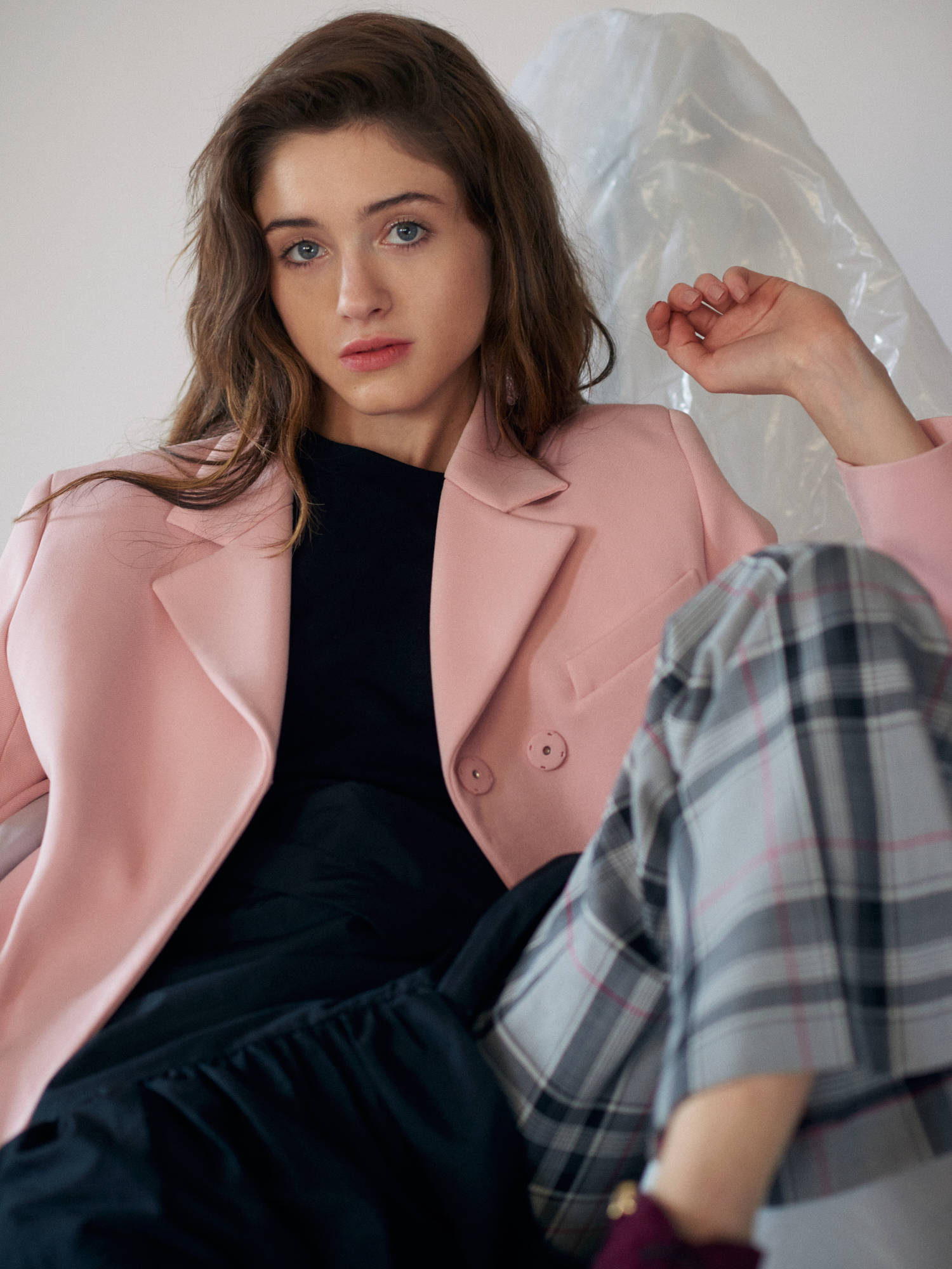 Natalia Dyer, pink blazer, plaid skirt, Full HD Phone Wallpaper