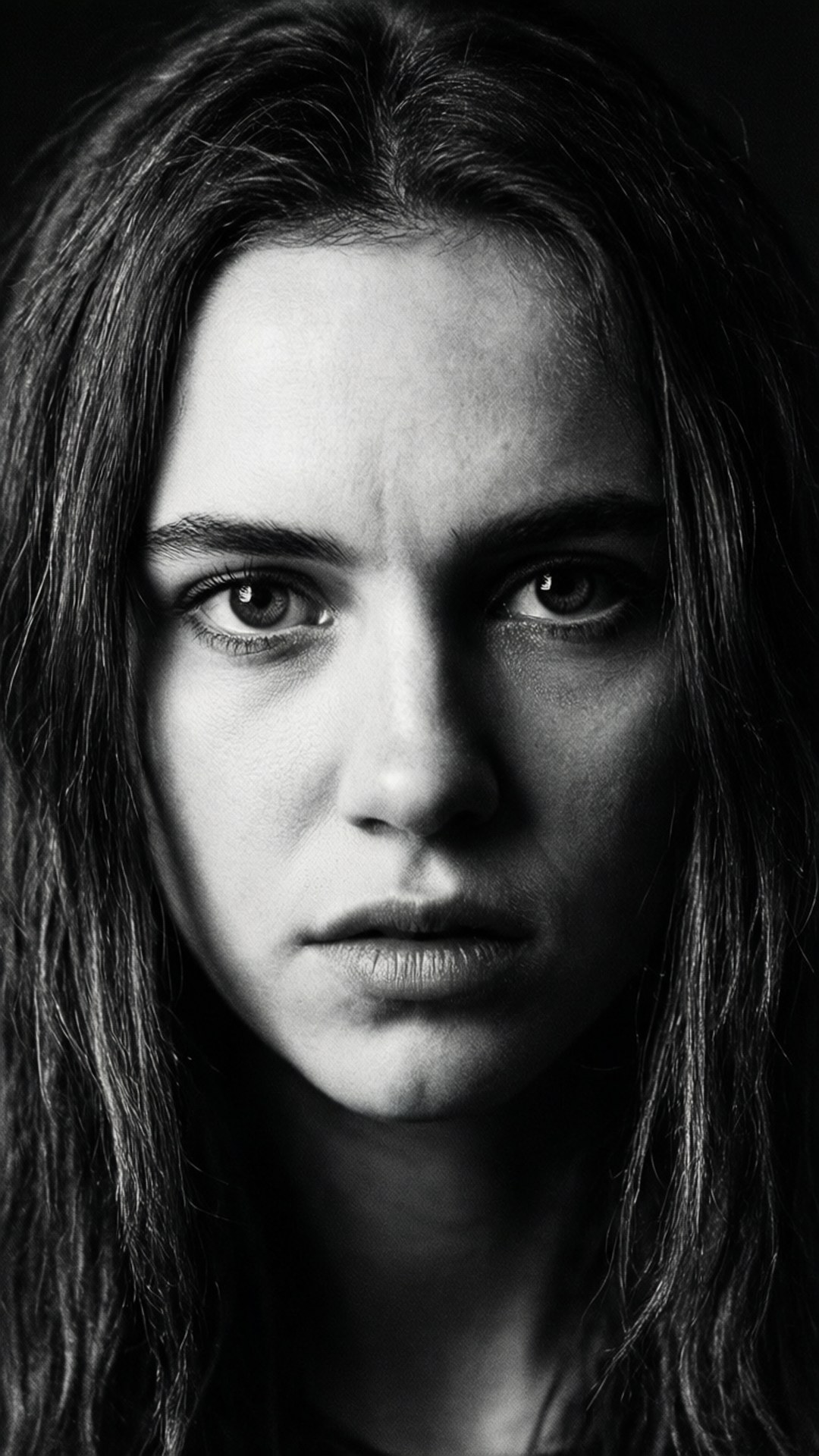 Natalia Dyer, black and white portrait, monochrome intensity, Full HD Phone Wallpaper