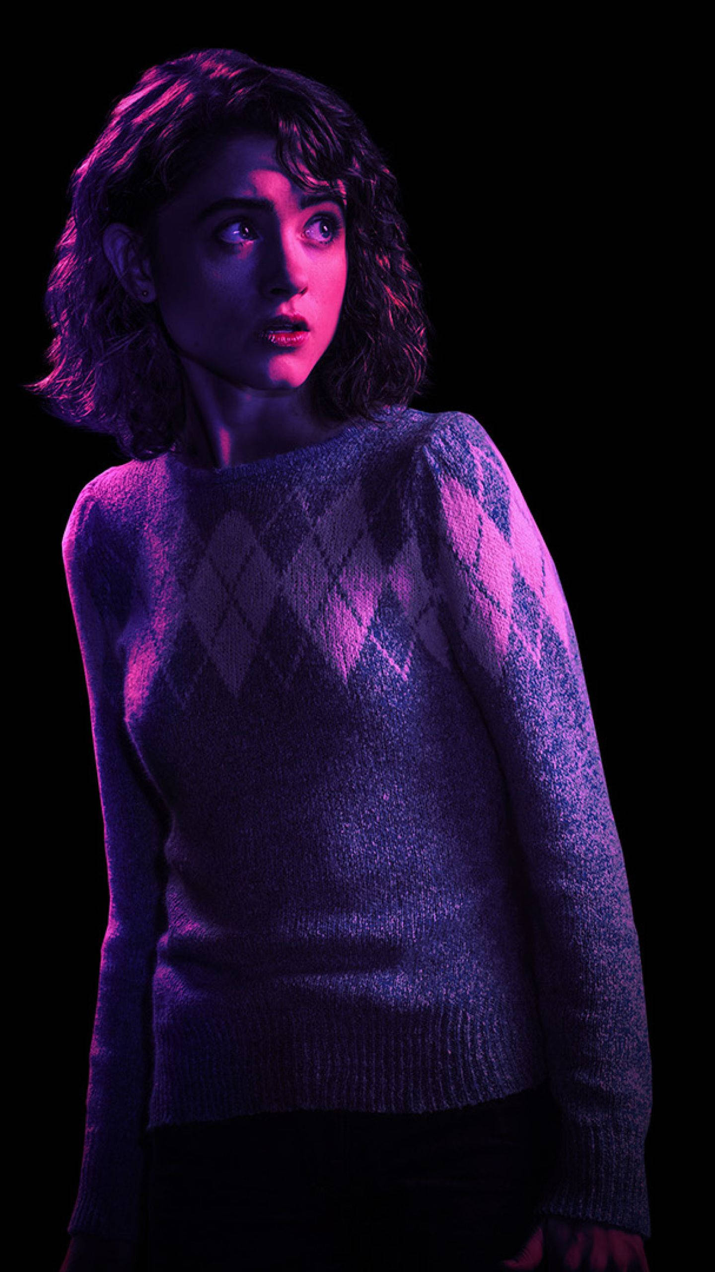 Natalia Dyer, purple argyle sweater, neon lighting, 2K Phone Wallpaper