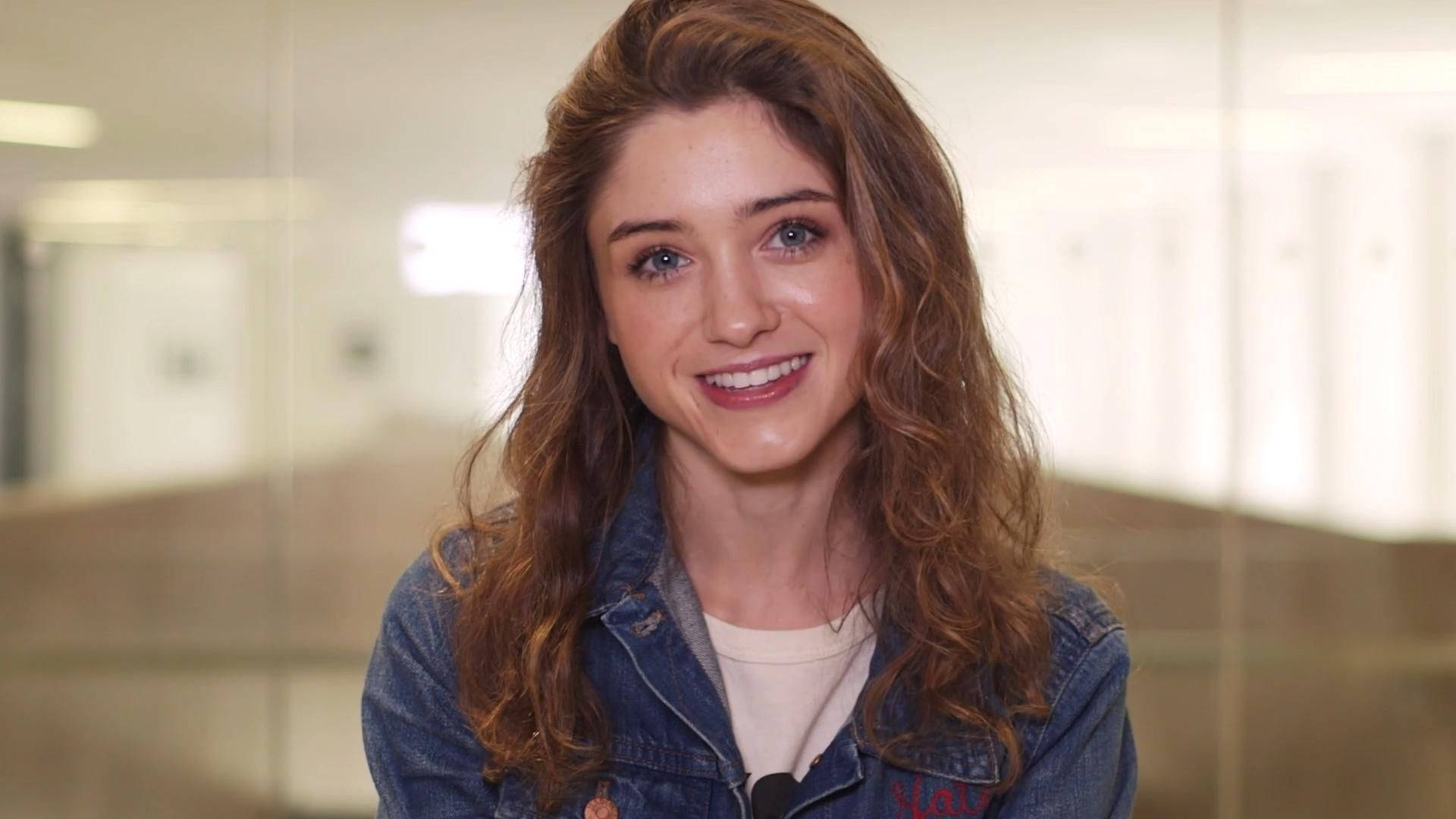 Natalia Dyer, denim jacket, wavy brown hair, Full HD Desktop Wallpaper