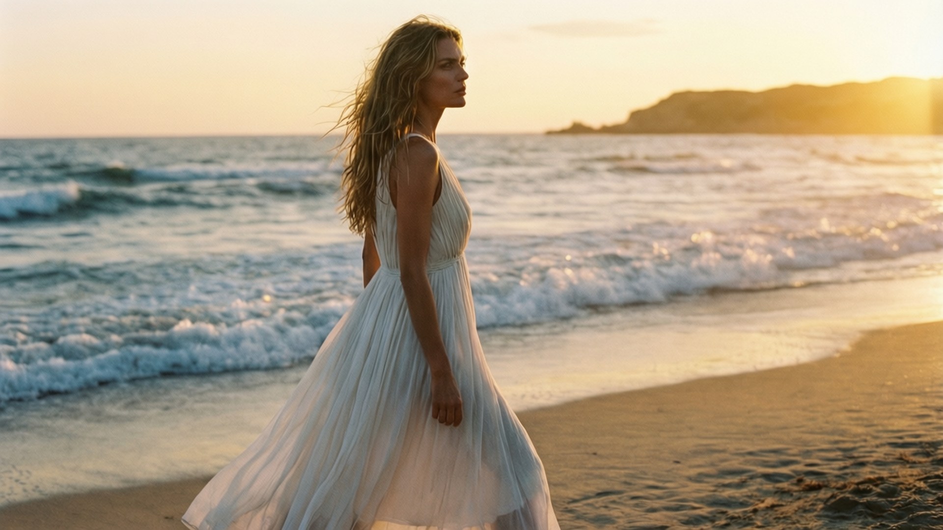 Natalia Vodianova, flowing white dress, beach, Full HD Desktop Wallpaper