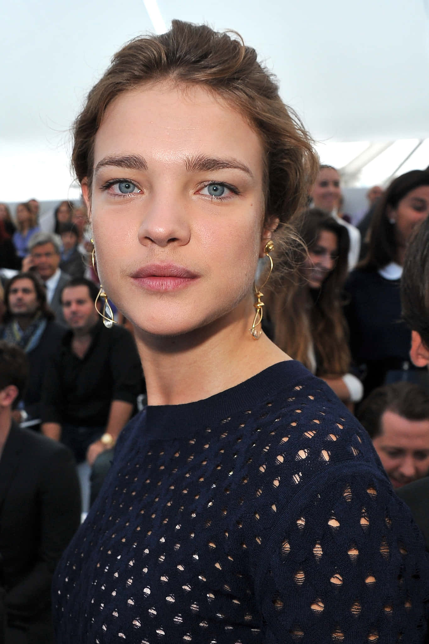 Natalia Vodianova, floral setting, dark blue perforated sweater, Full HD Phone Wallpaper