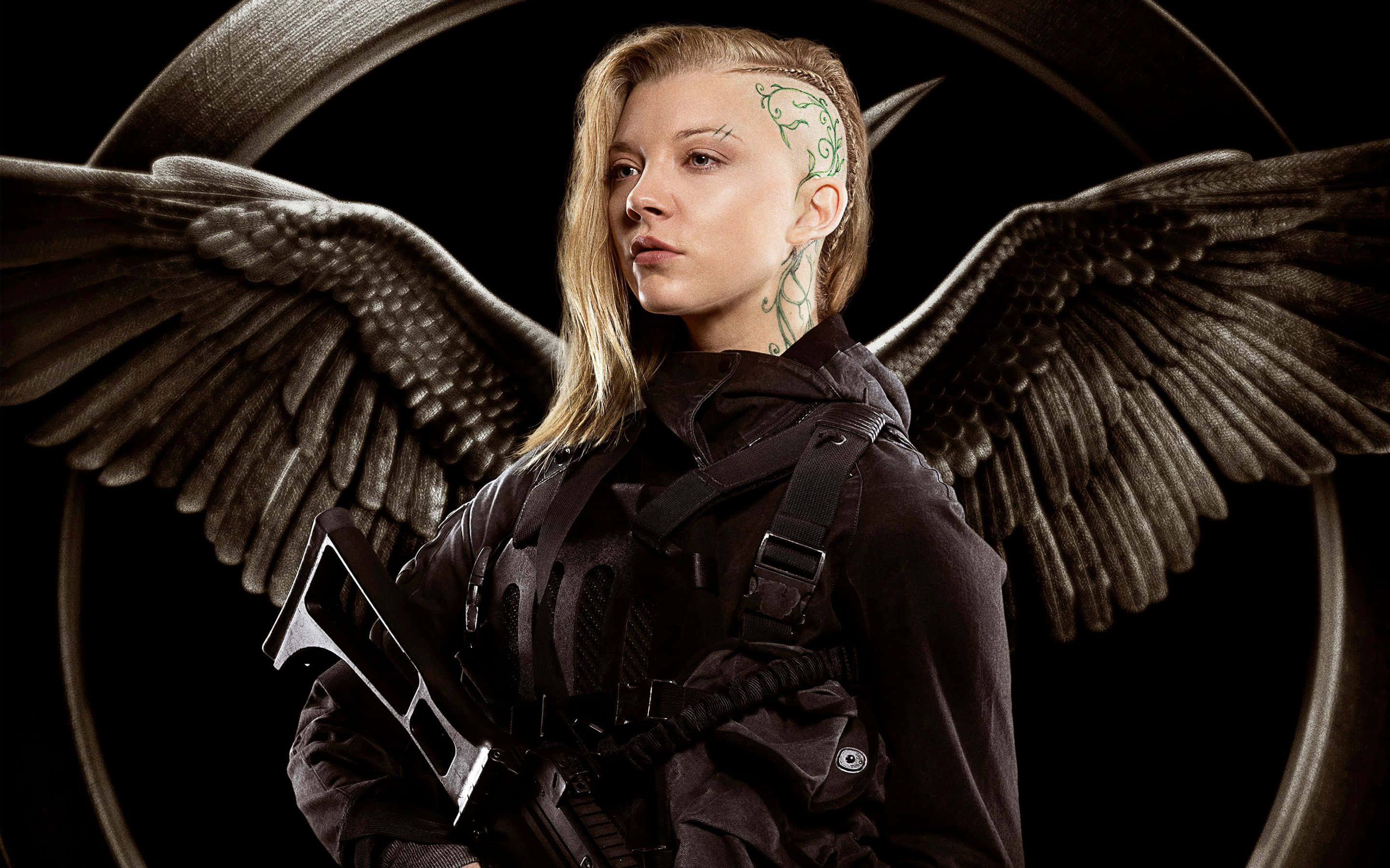 Natalie Dormer, dark feathered wings, green face tattoos, 2K Desktop Wallpaper