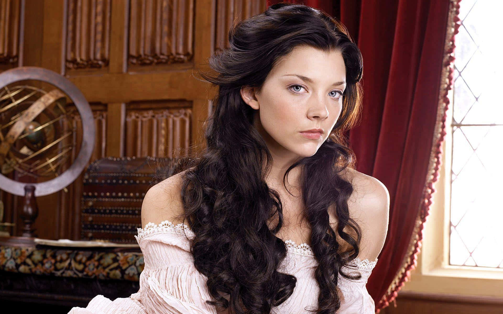 Natalie Dormer, long dark curls, sunlit room, Full HD Desktop Wallpaper