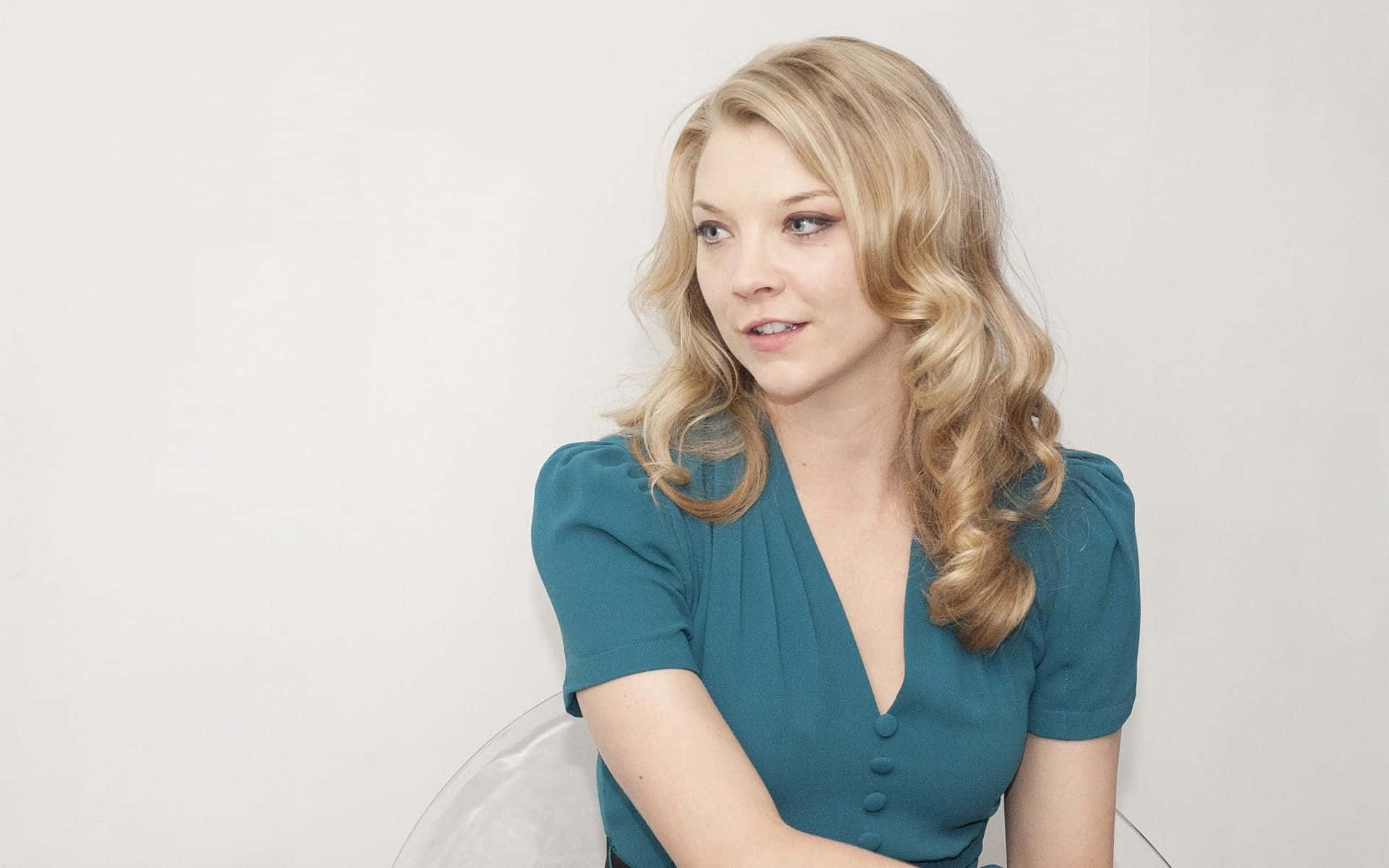 Natalie Dormer, teal dress, wavy hair, Full HD Desktop Wallpaper