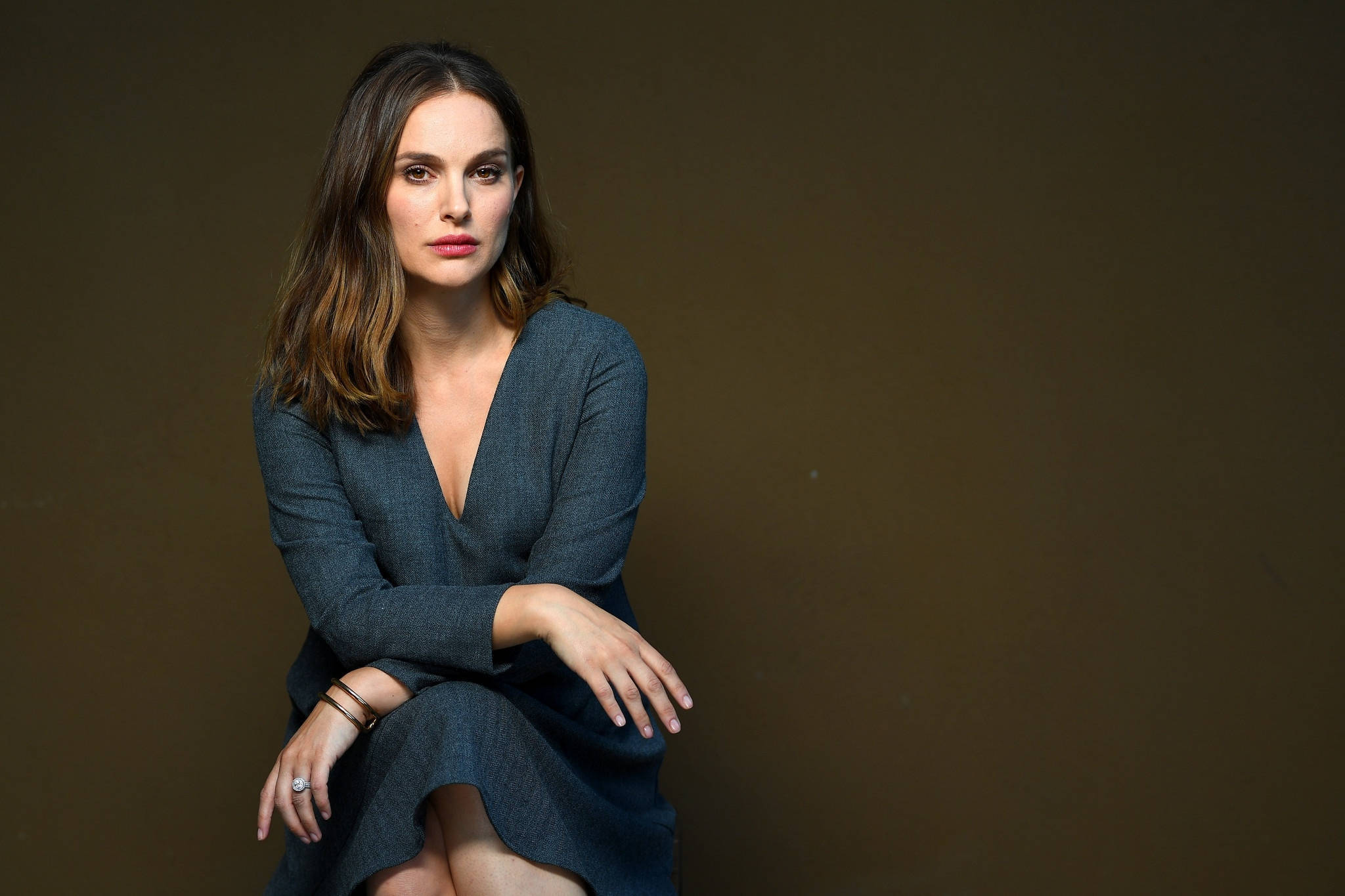 Natalie Portman, blue dress, textured blue dress, Full HD Desktop Wallpaper