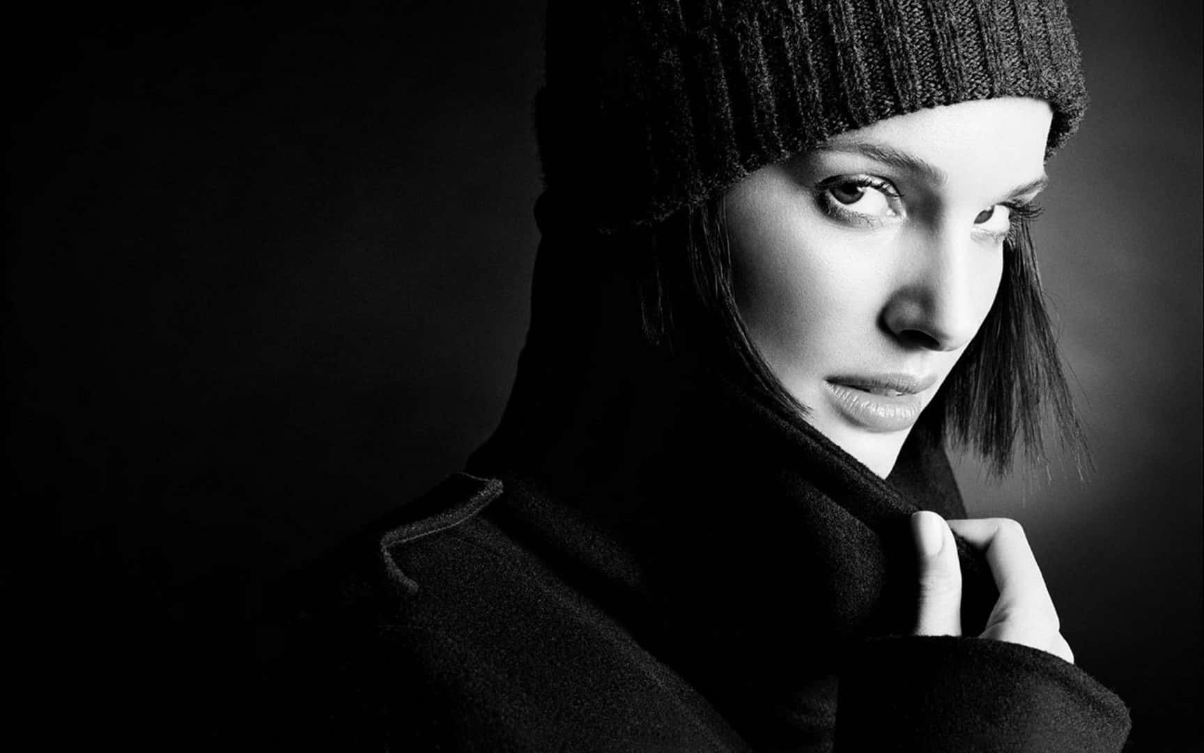 Natalie Portman, black and white portrait, knit beanie, HD Desktop Wallpaper