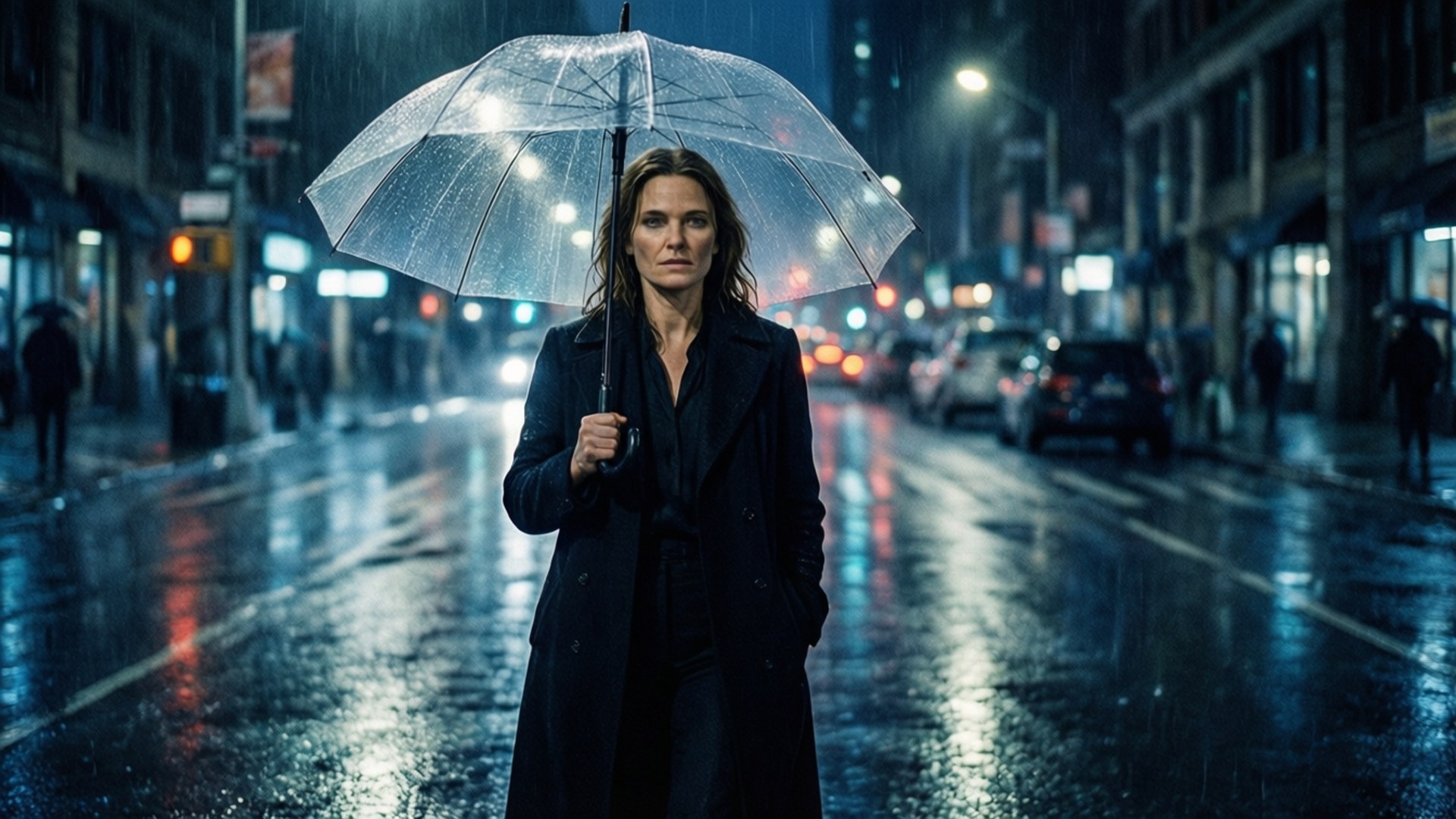 Rainy Night Noir, black coat, transparent umbrella, Full HD Desktop Wallpaper