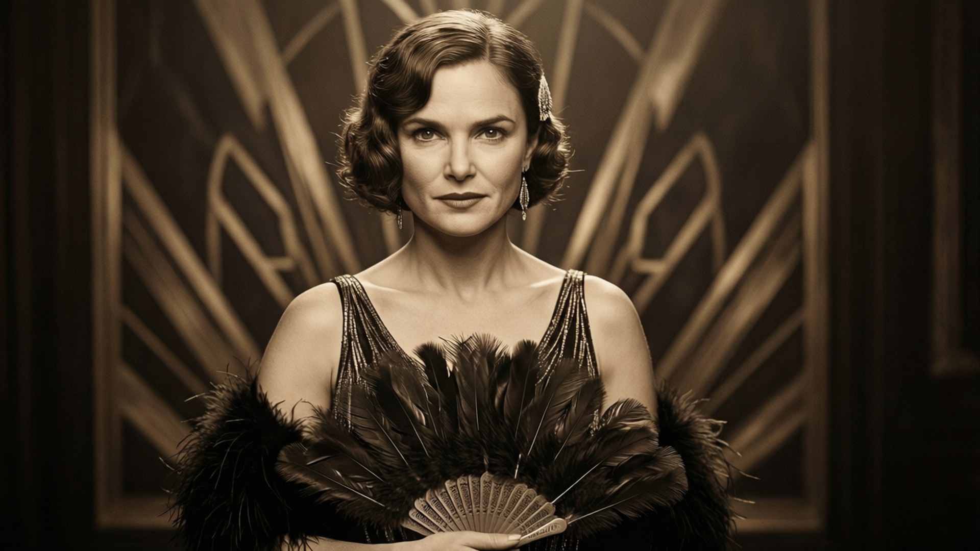 1920s flapper dress, feather fan, art deco backdrop, Full HD Desktop Wallpaper