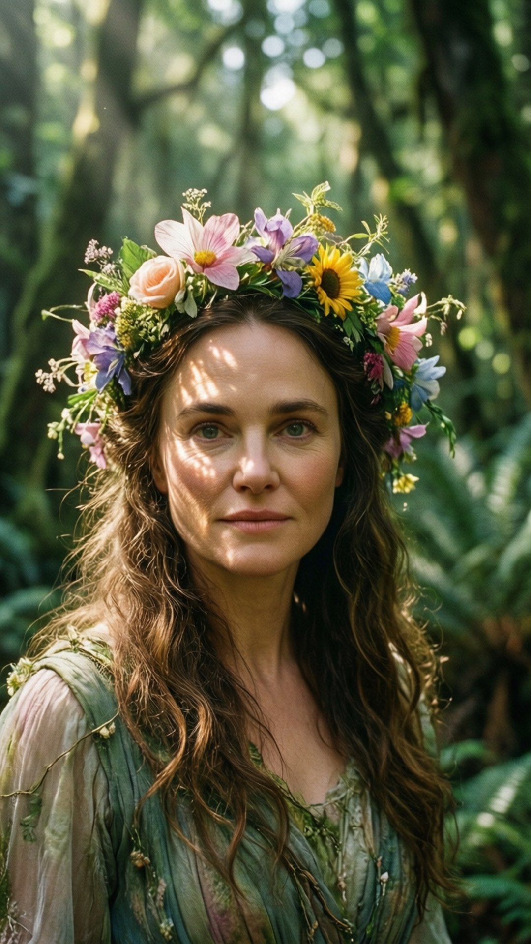 Forest Fairy Portman, long brown hair, vibrant floral crown, Full HD Phone Wallpaper