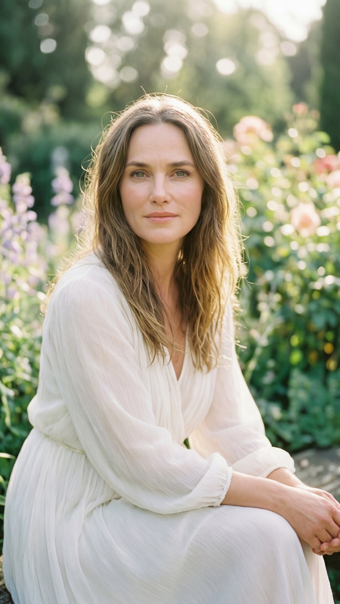 Garden Serenity Portman, white dress, sunlit garden, Full HD Phone Wallpaper
