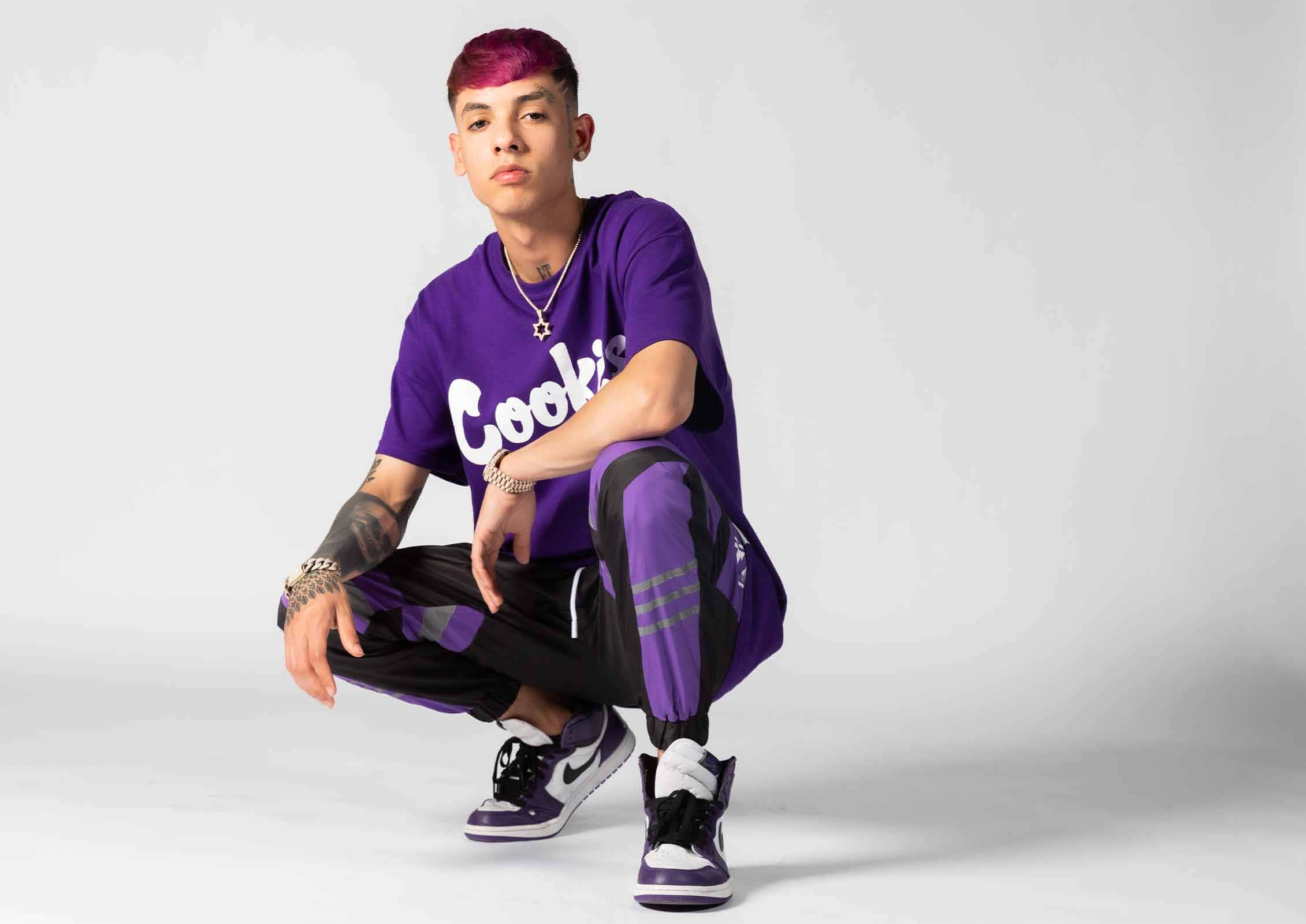 Natanael Cano, vibrant purple hair, full purple outfit, Full HD Desktop Wallpaper