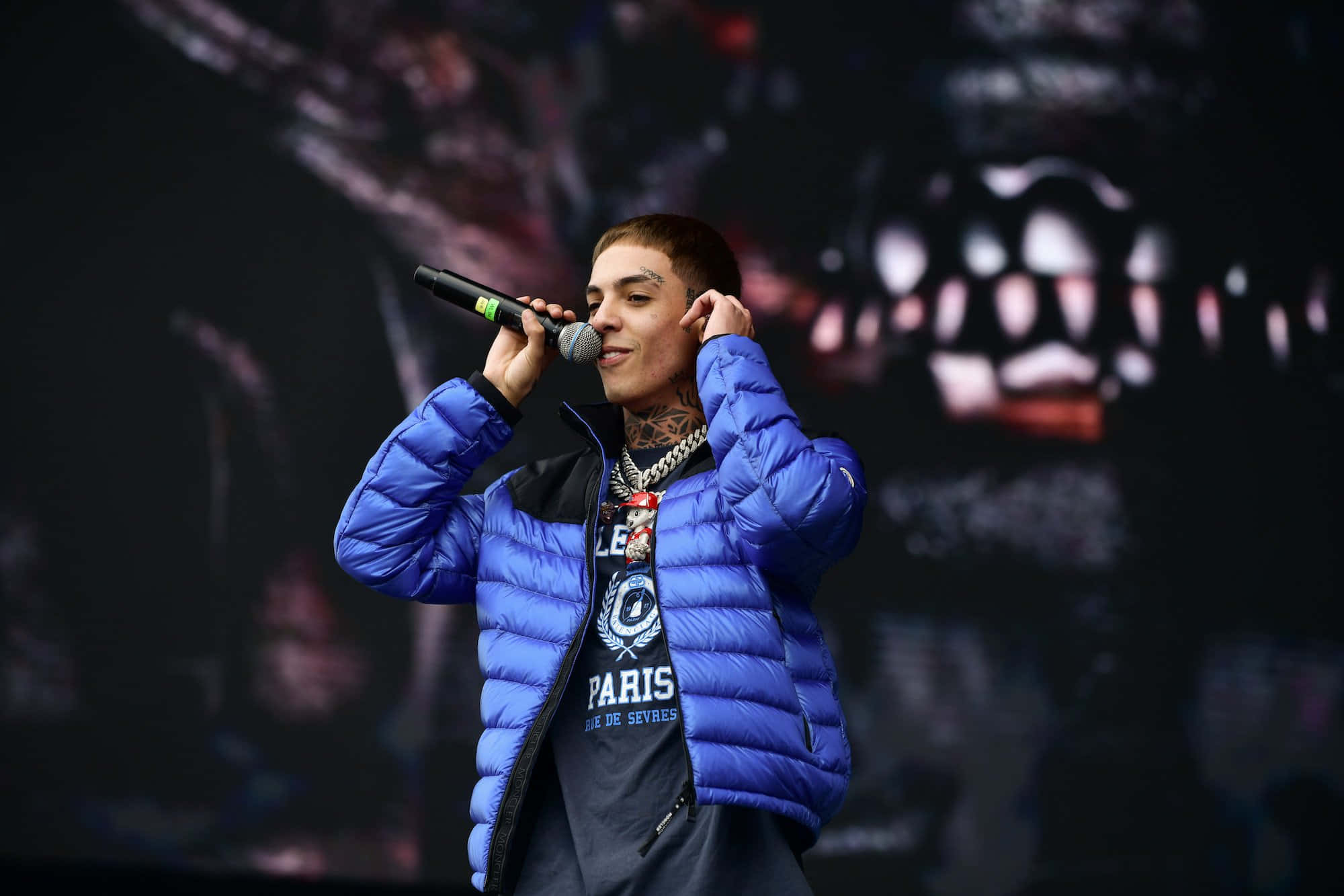 Natanael Cano, blue puffer jacket, microphone, Full HD Desktop Wallpaper