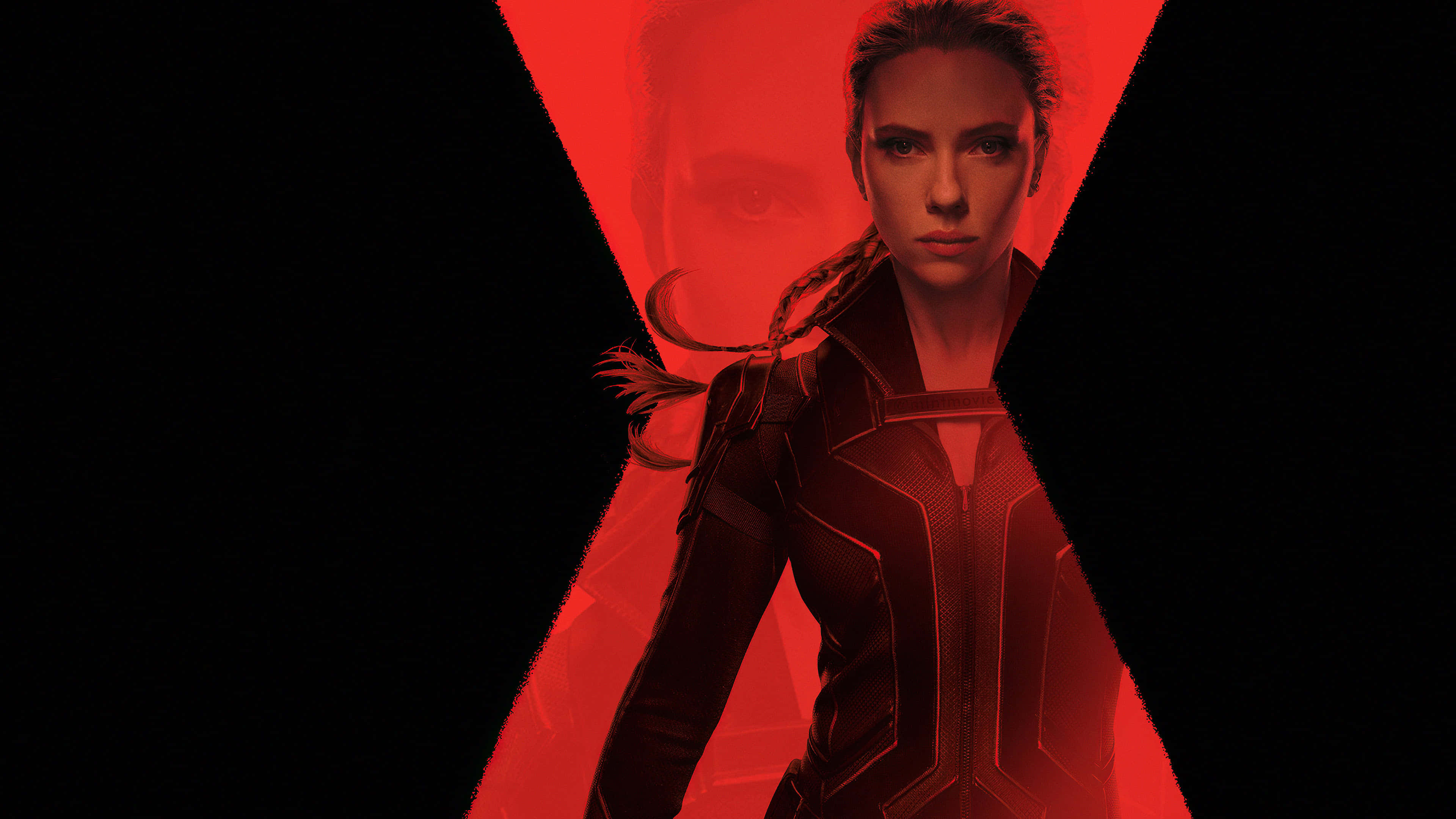 Natasha Romanoff, black tactical gear, glowing red X, 4K Desktop Wallpaper