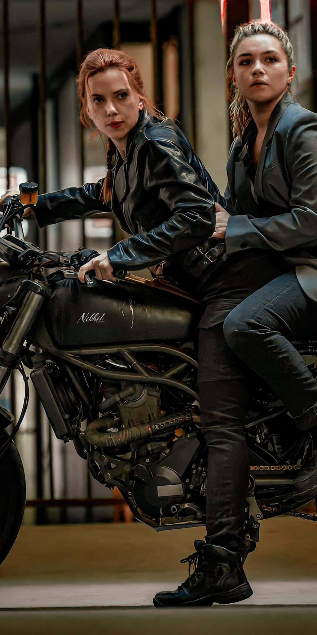 Natasha Romanoff, leather jackets, black motorcycle, Full HD Phone Wallpaper