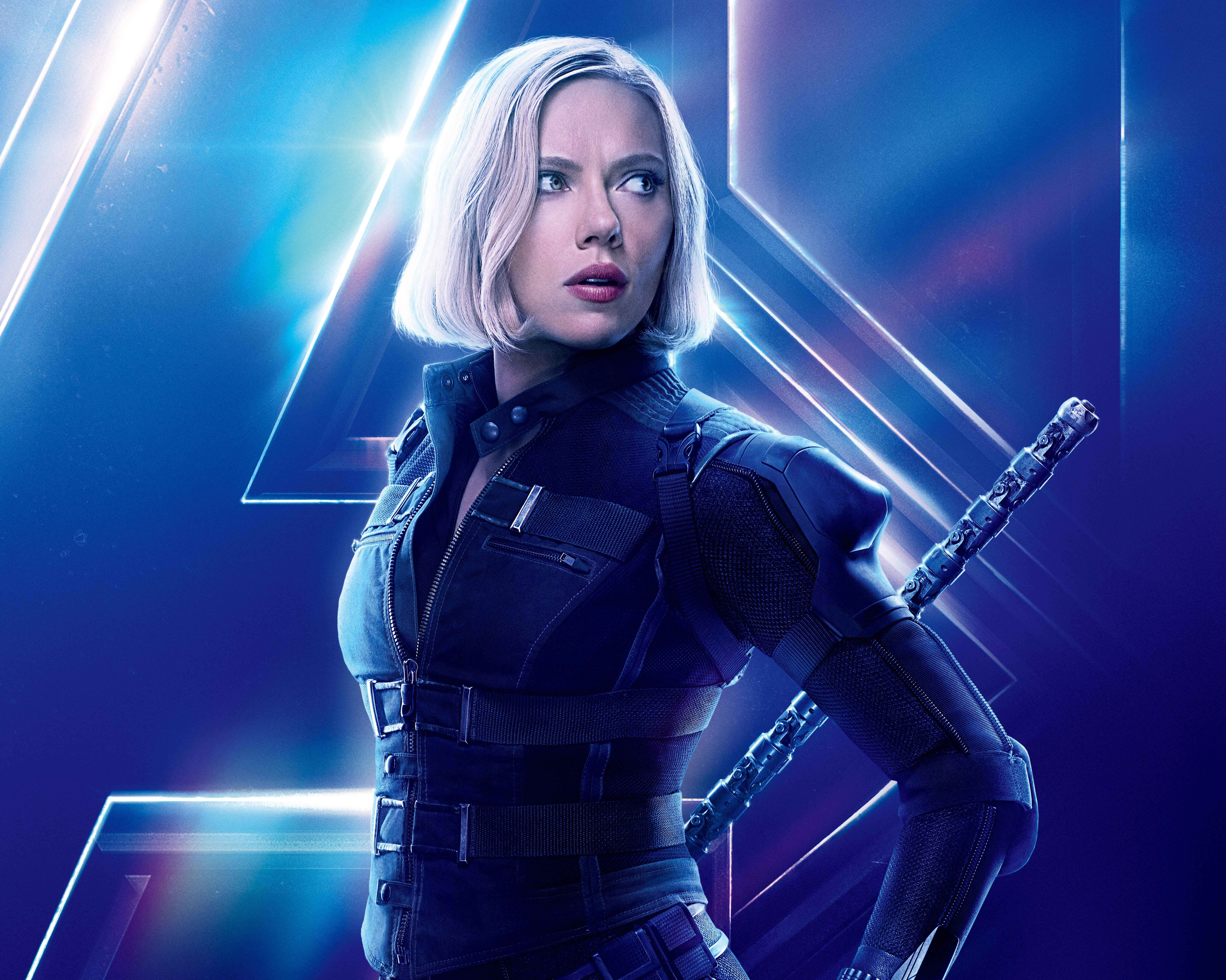 Natasha Romanoff, tactical gear, glowing blue geometric background, 8K Desktop Wallpaper