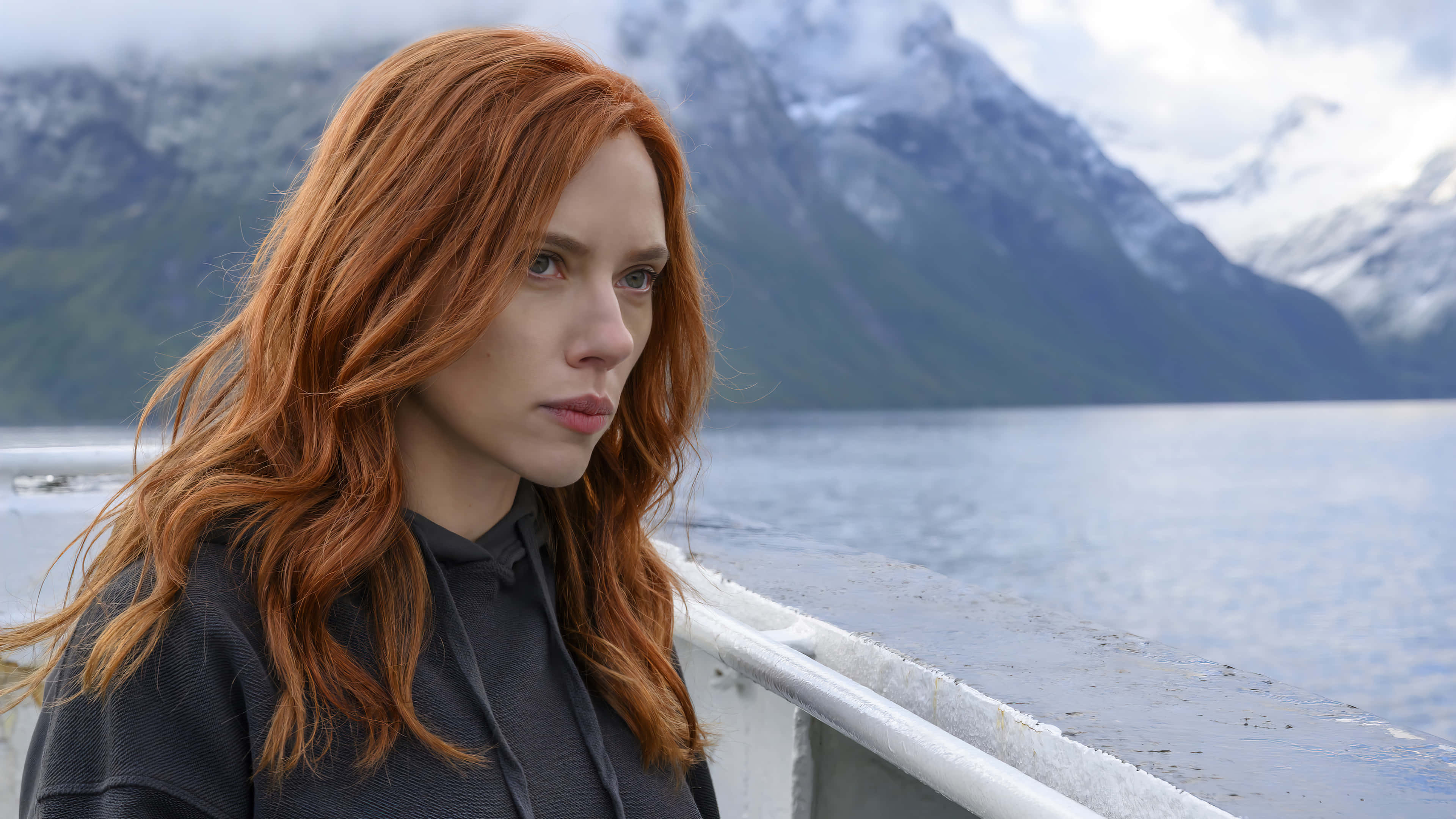 Natasha Romanoff, fiery red hair, boat railing, 4K Desktop Wallpaper