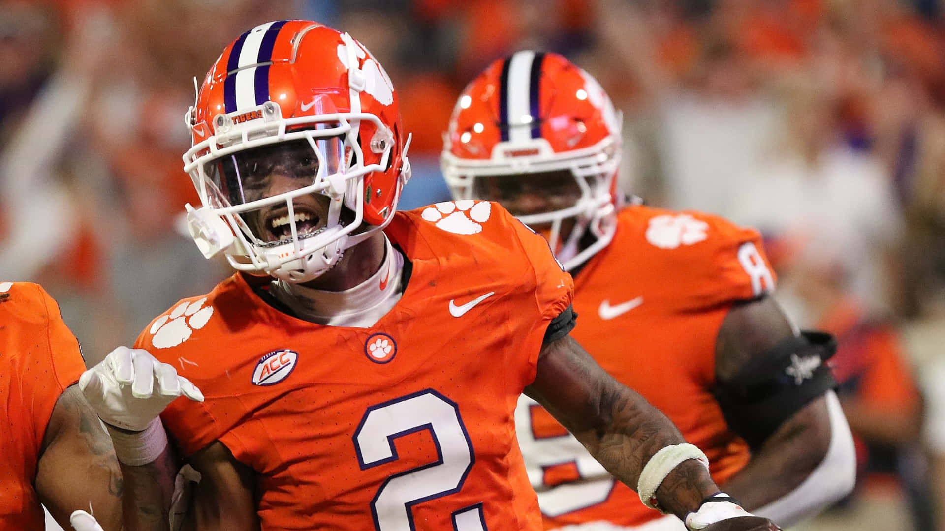 Clemson football player, orange uniforms, helmets, Full HD Desktop Wallpaper
