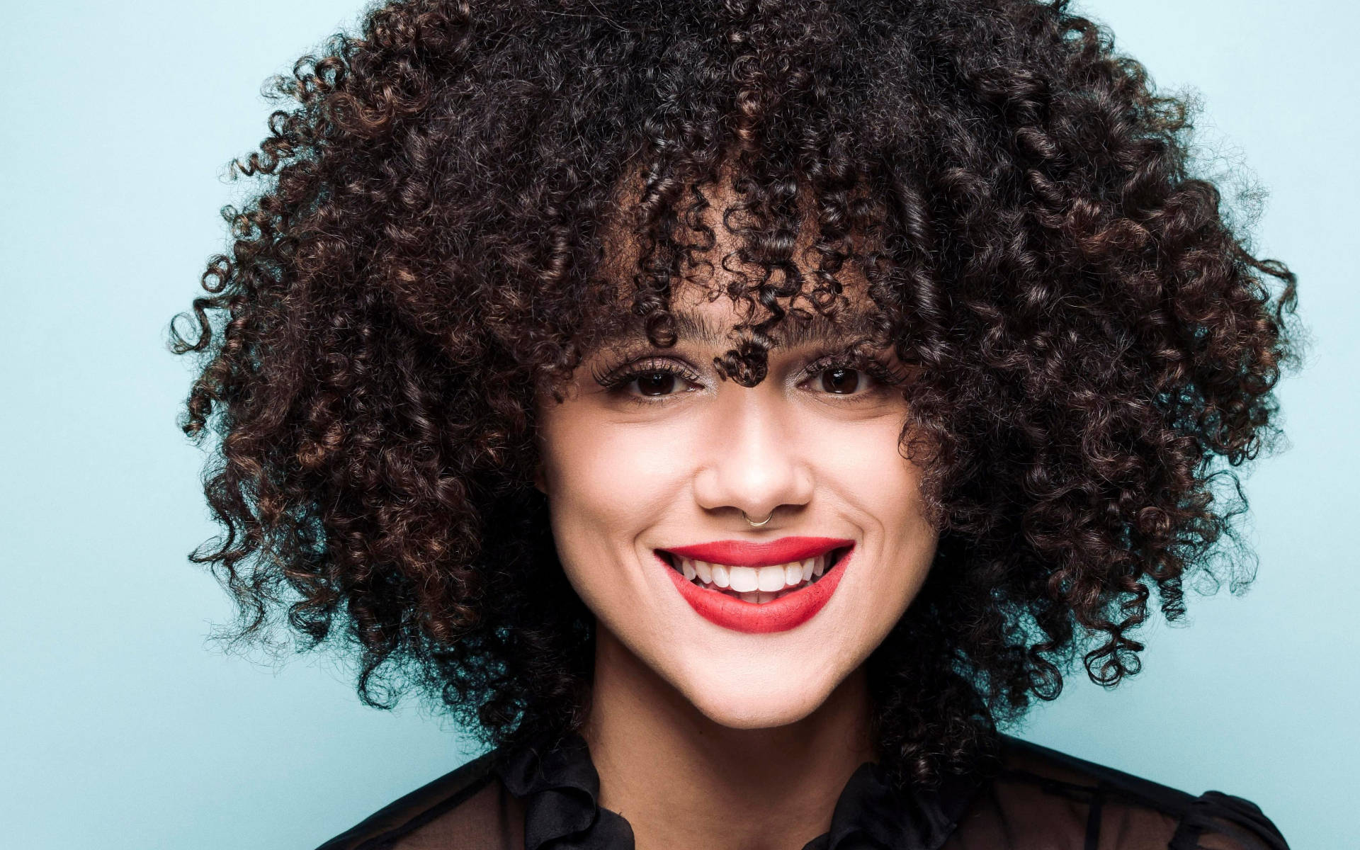 Nathalie Emmanuel, black curly hair, bold red lipstick, Full HD Desktop Wallpaper