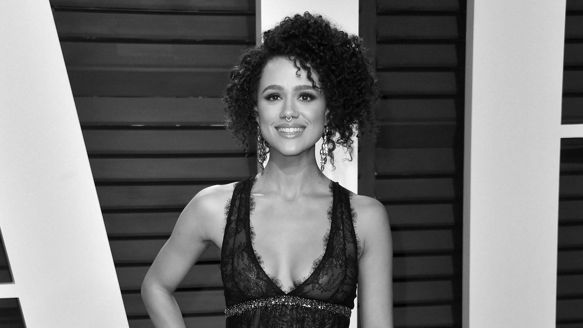 Nathalie Emmanuel, curly hair, black lace dress, Full HD Desktop Wallpaper