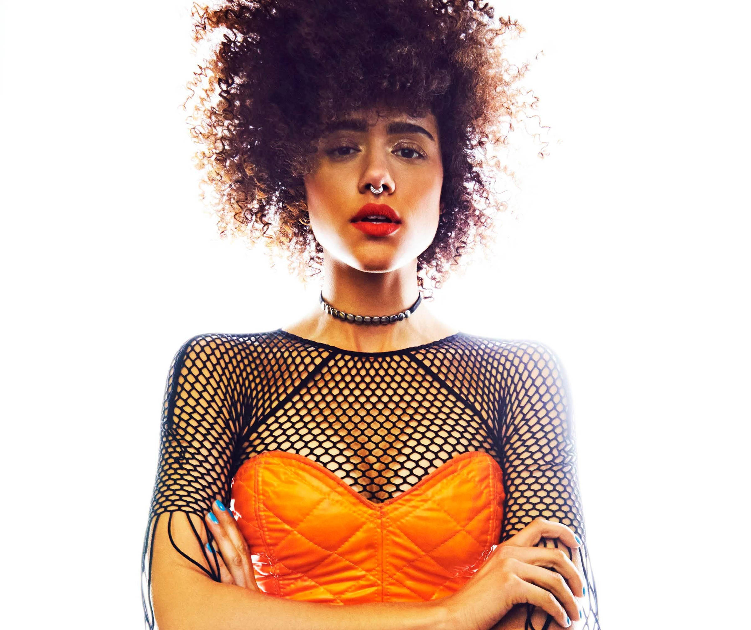 Nathalie Emmanuel, orange quilted corset, black fishnet top, Full HD Desktop Wallpaper