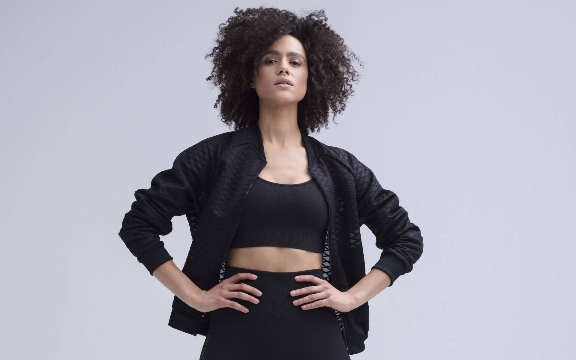 Nathalie Emmanuel, all-black athletic wear, voluminous curly hair, Full HD Desktop Wallpaper