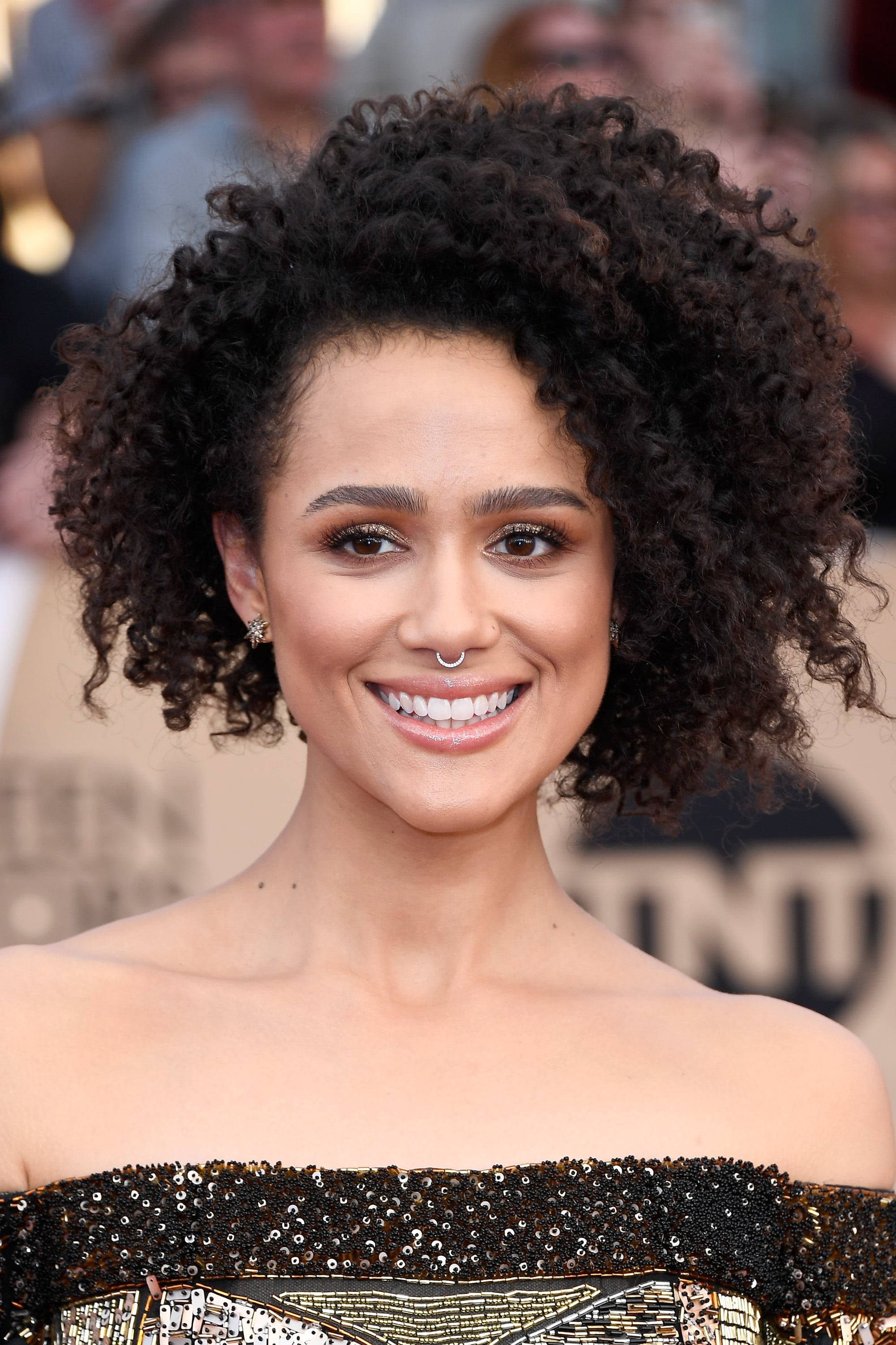 Nathalie Emmanuel, red carpet event, sparkling off-shoulder gown, 2K Phone Wallpaper