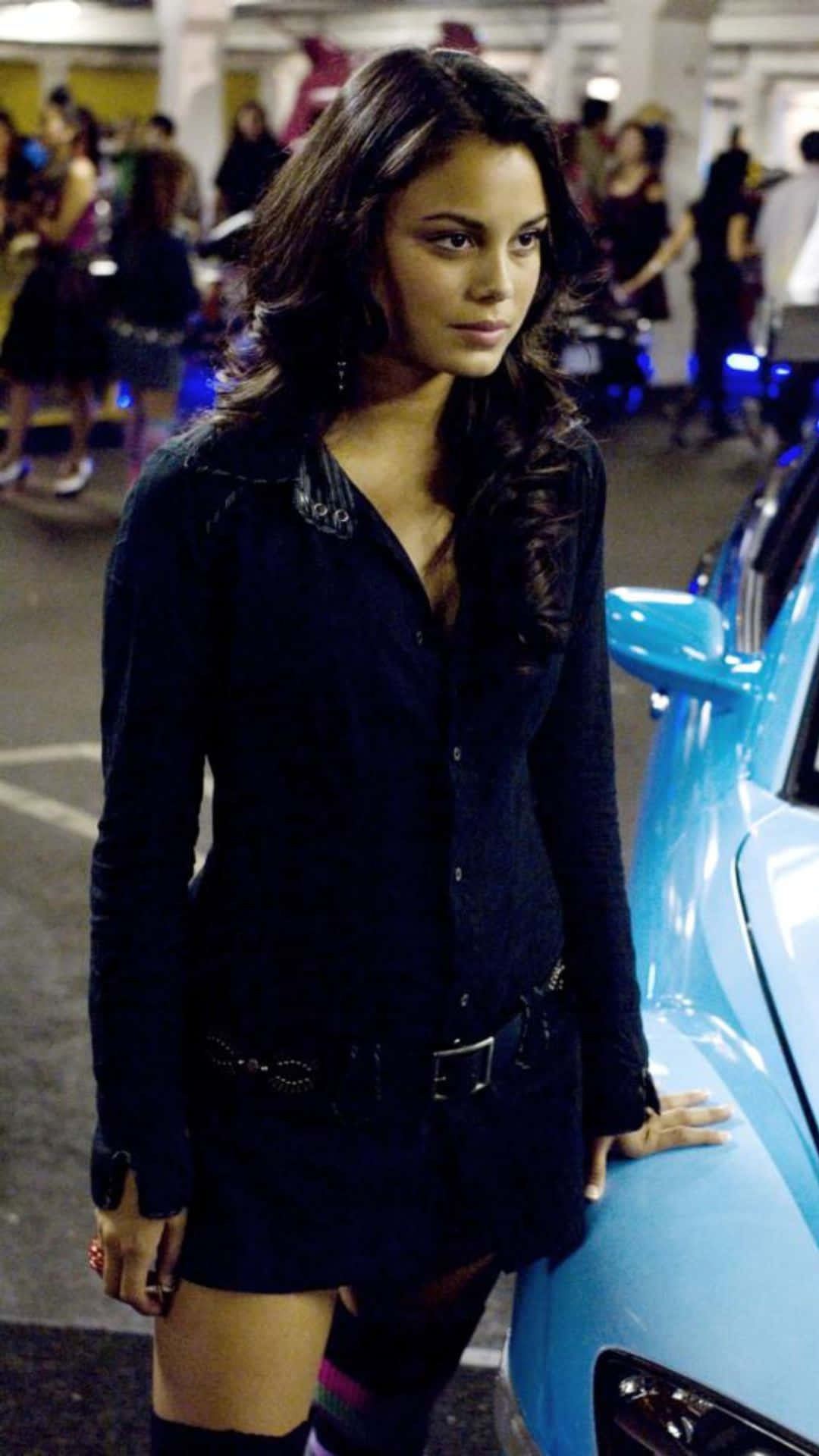 Nathalie Kelley, dark outfit, bright blue car, Full HD Phone Wallpaper