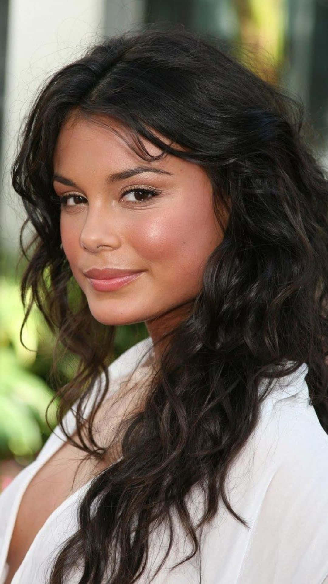 Nathalie Kelley, white top, long dark wavy hair, Full HD Phone Wallpaper