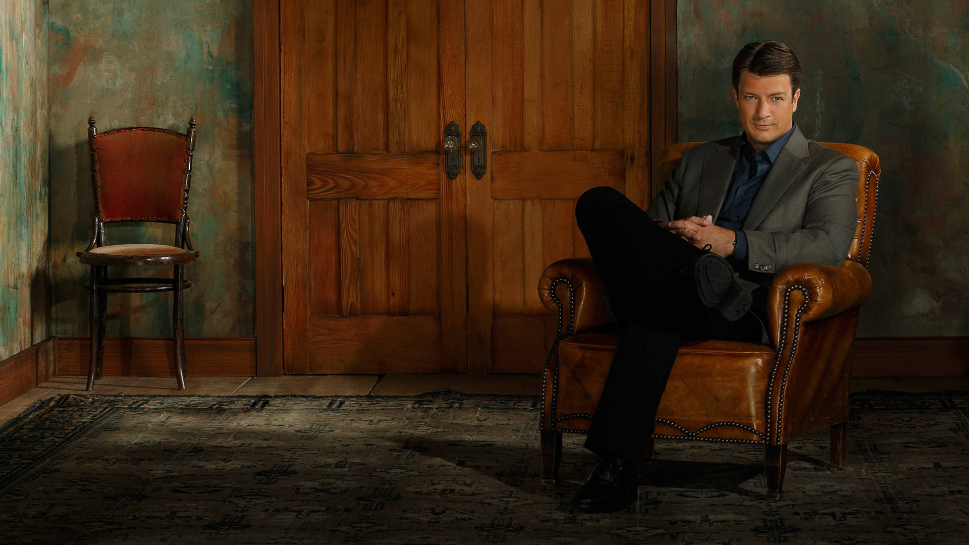 Nathan Fillion, leather armchair, wooden door, Full HD Desktop Wallpaper
