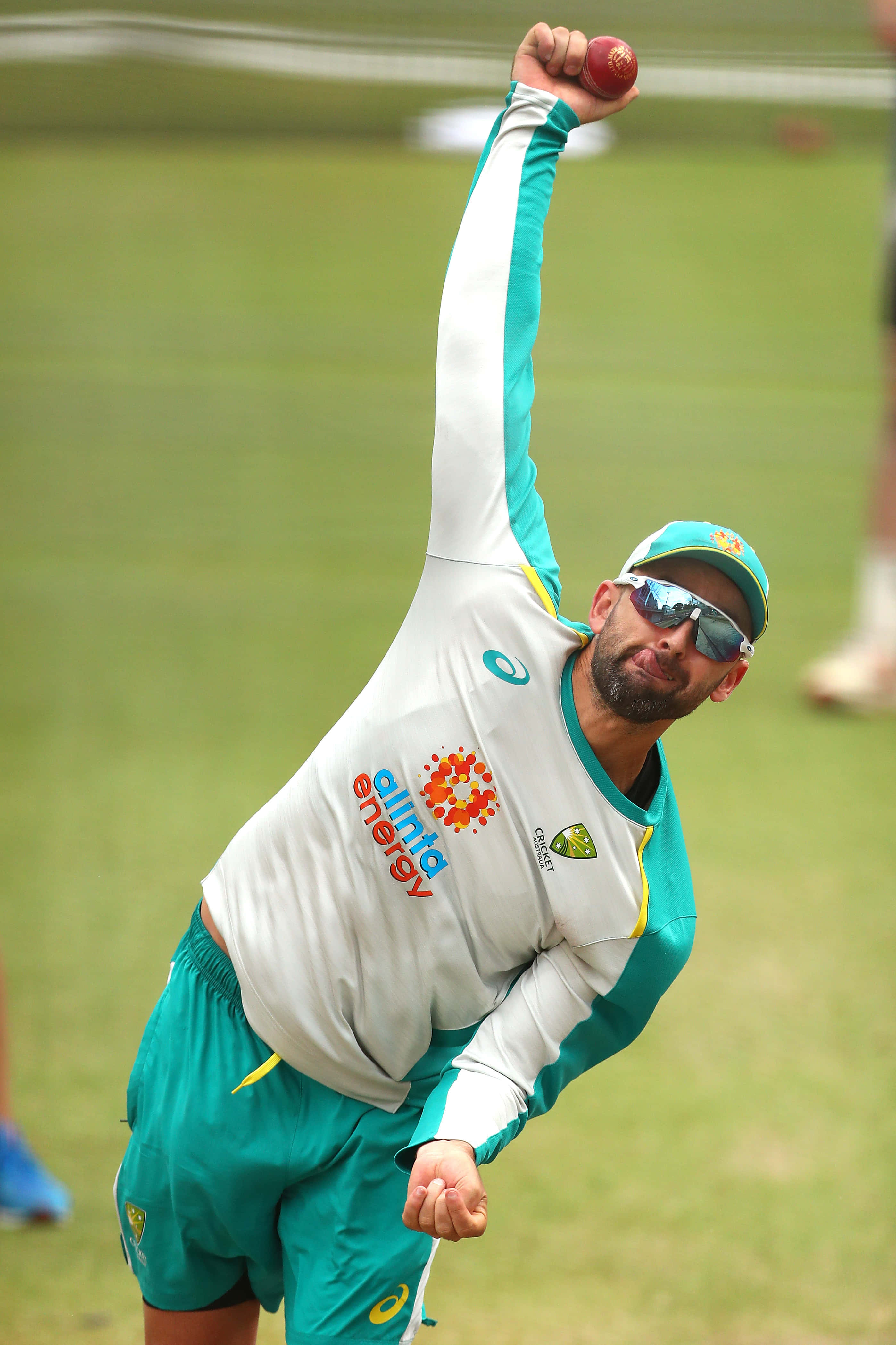 Nathan Lyon, green and white uniform, red ball, 4K Phone Wallpaper