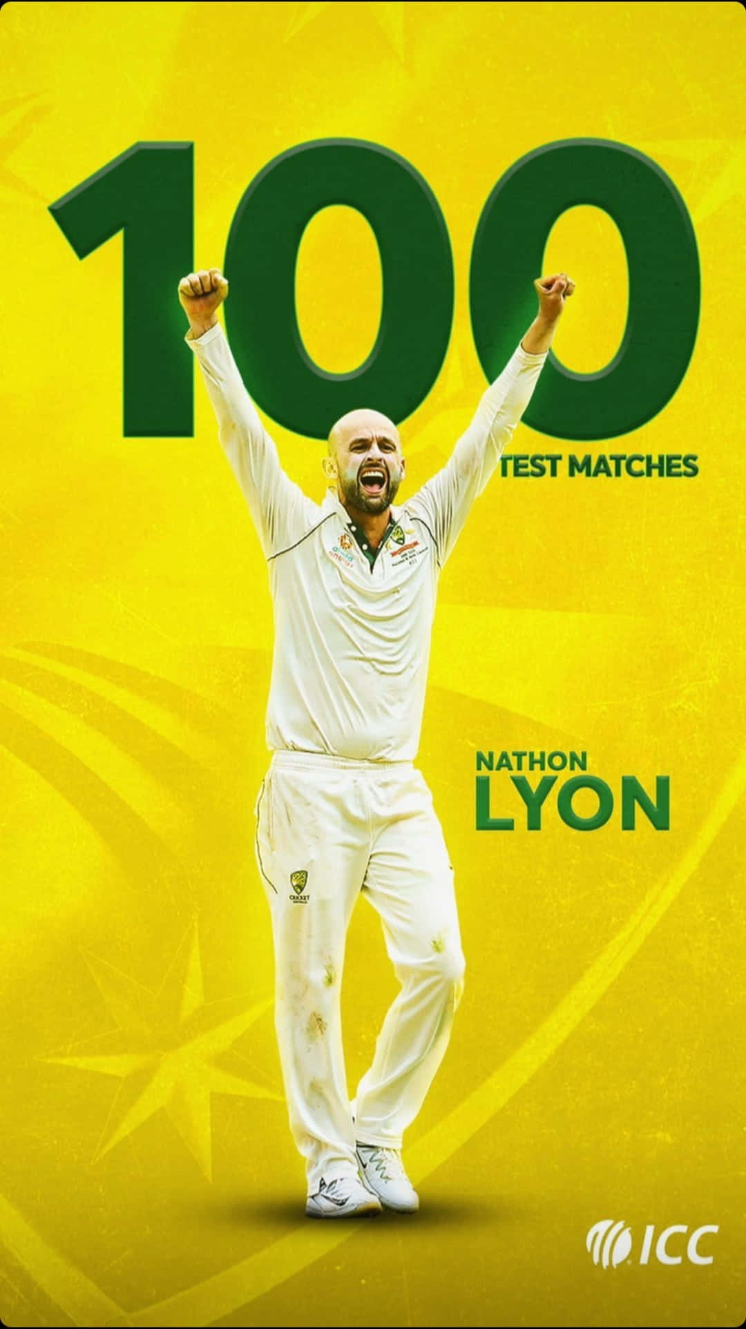 Nathan Lyon, number 100, vibrant yellow background, Full HD Phone Wallpaper
