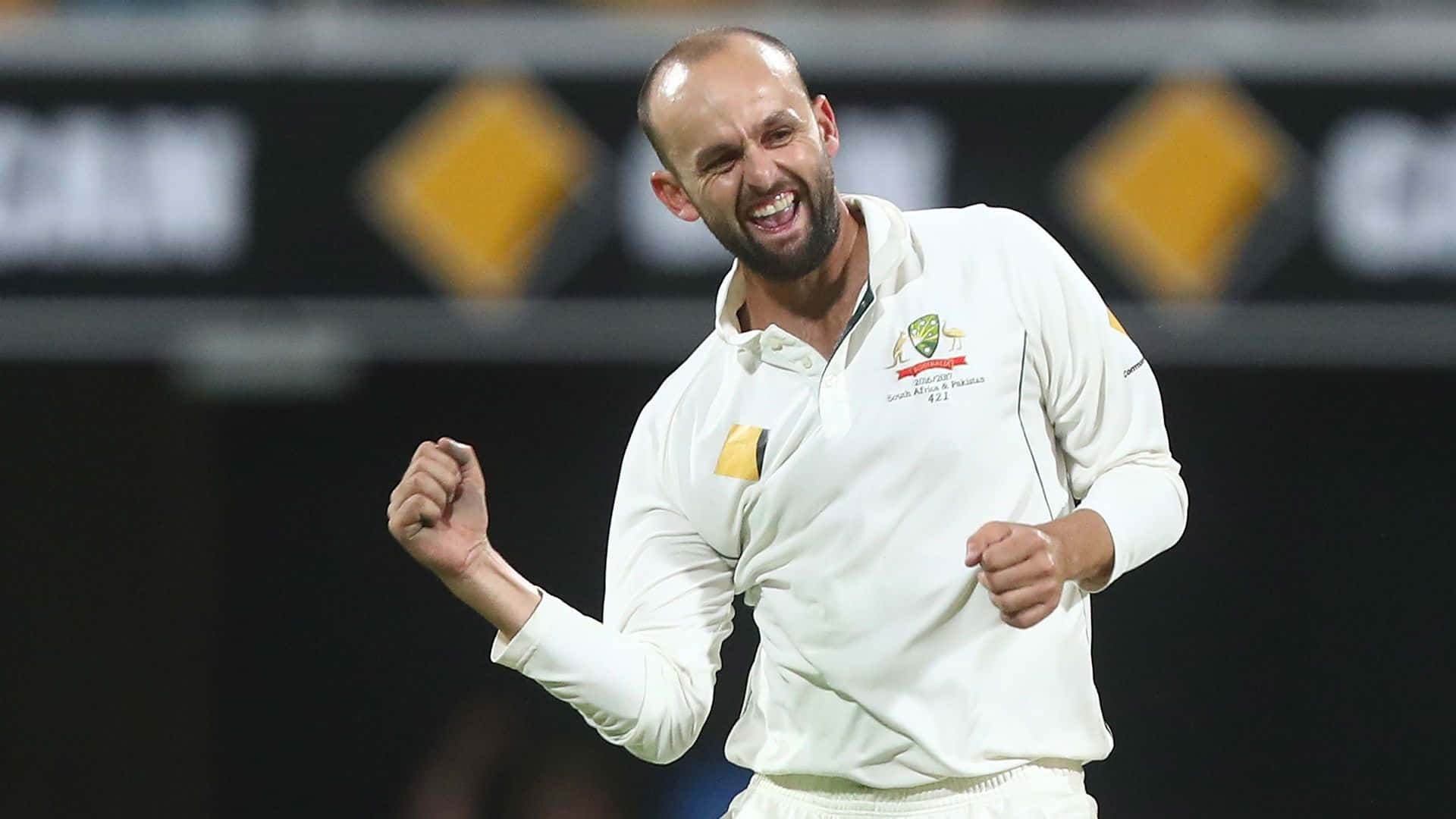 Nathan Lyon, cricket player, white uniform, Full HD Desktop Wallpaper