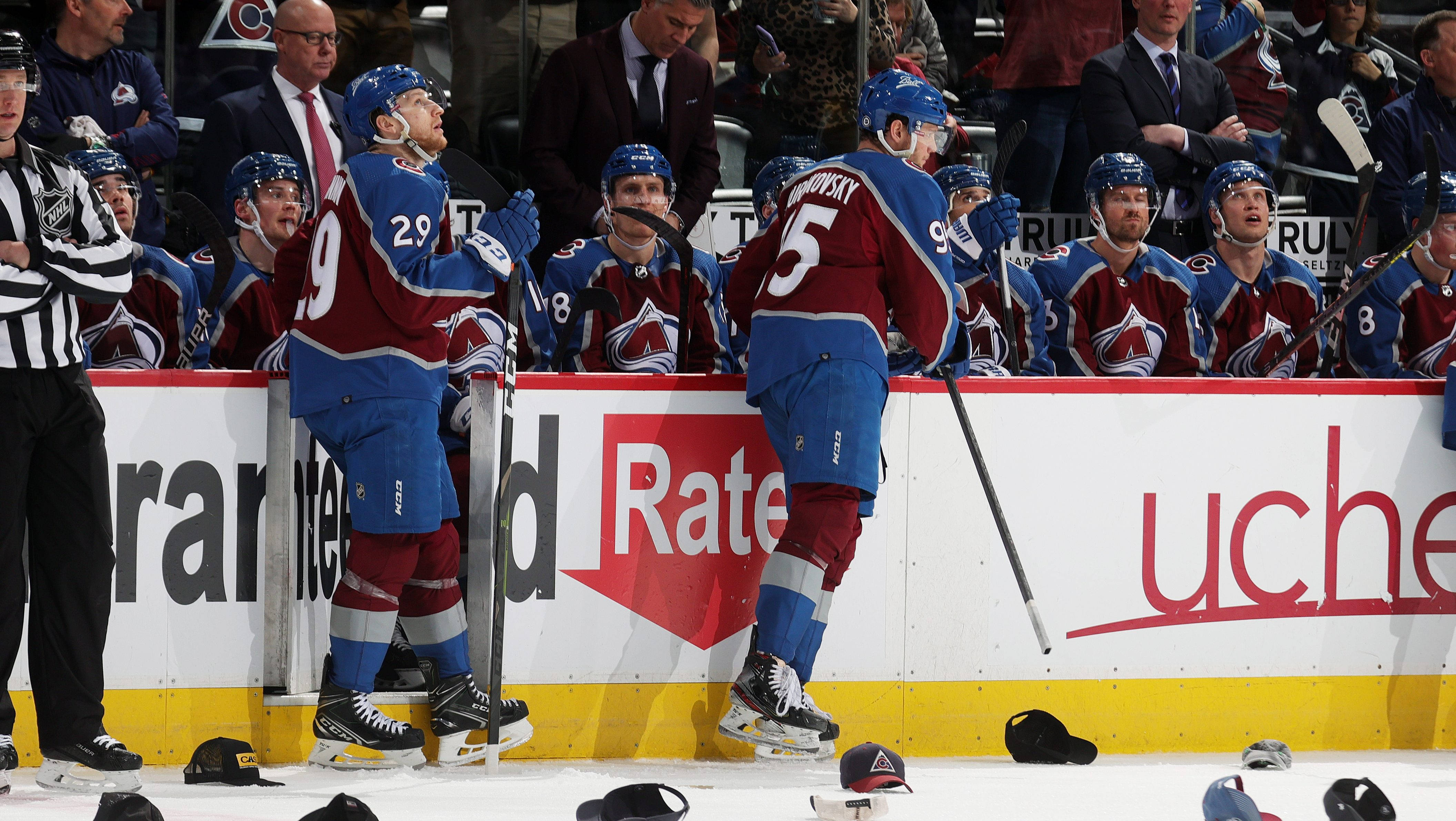 Nathan Mackinnon, maroon and blue jerseys, boards, 4K Desktop Wallpaper