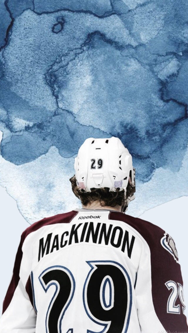 Nathan Mackinnon, white maroon jersey, abstract blue watercolor background, SD Phone Wallpaper