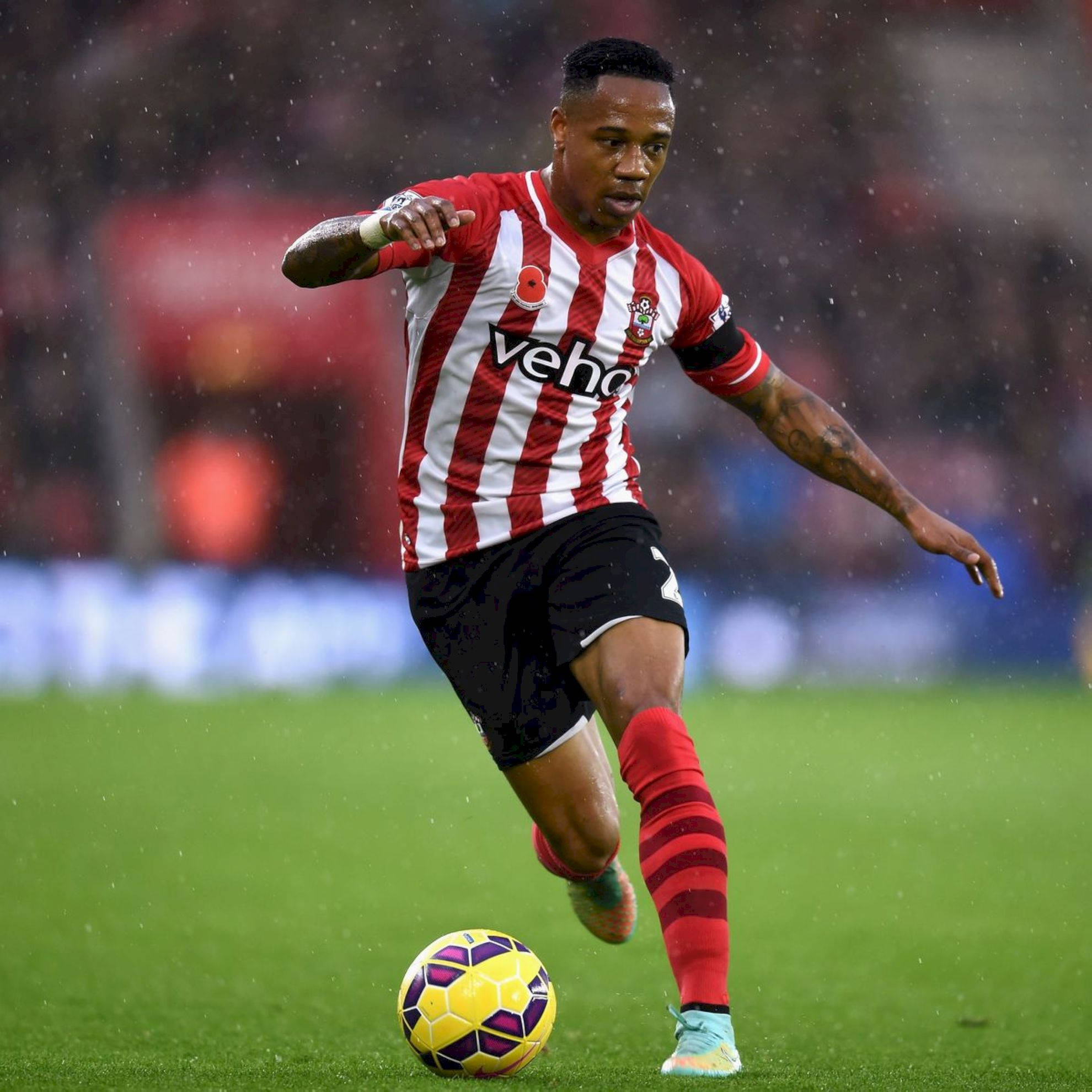 Nathaniel Clyne, red and white stripes, vibrant yellow and purple ball, Full HD Desktop Wallpaper