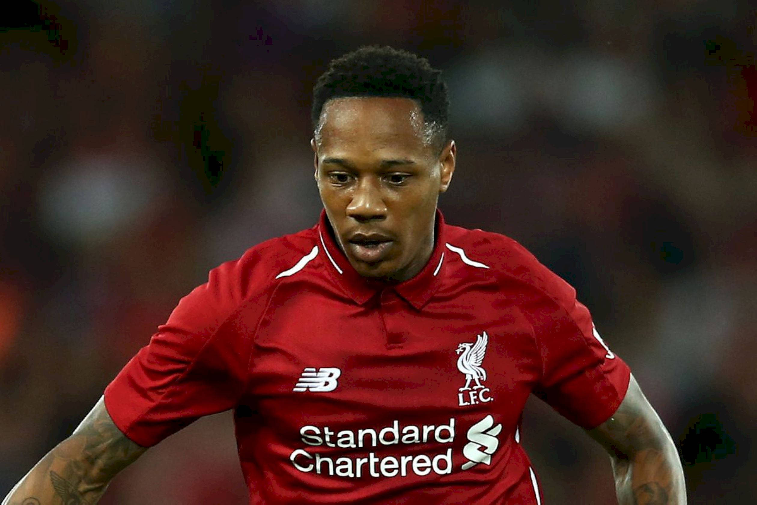 Nathaniel Clyne, red Liverpool jersey, stadium lights, Full HD Desktop Wallpaper